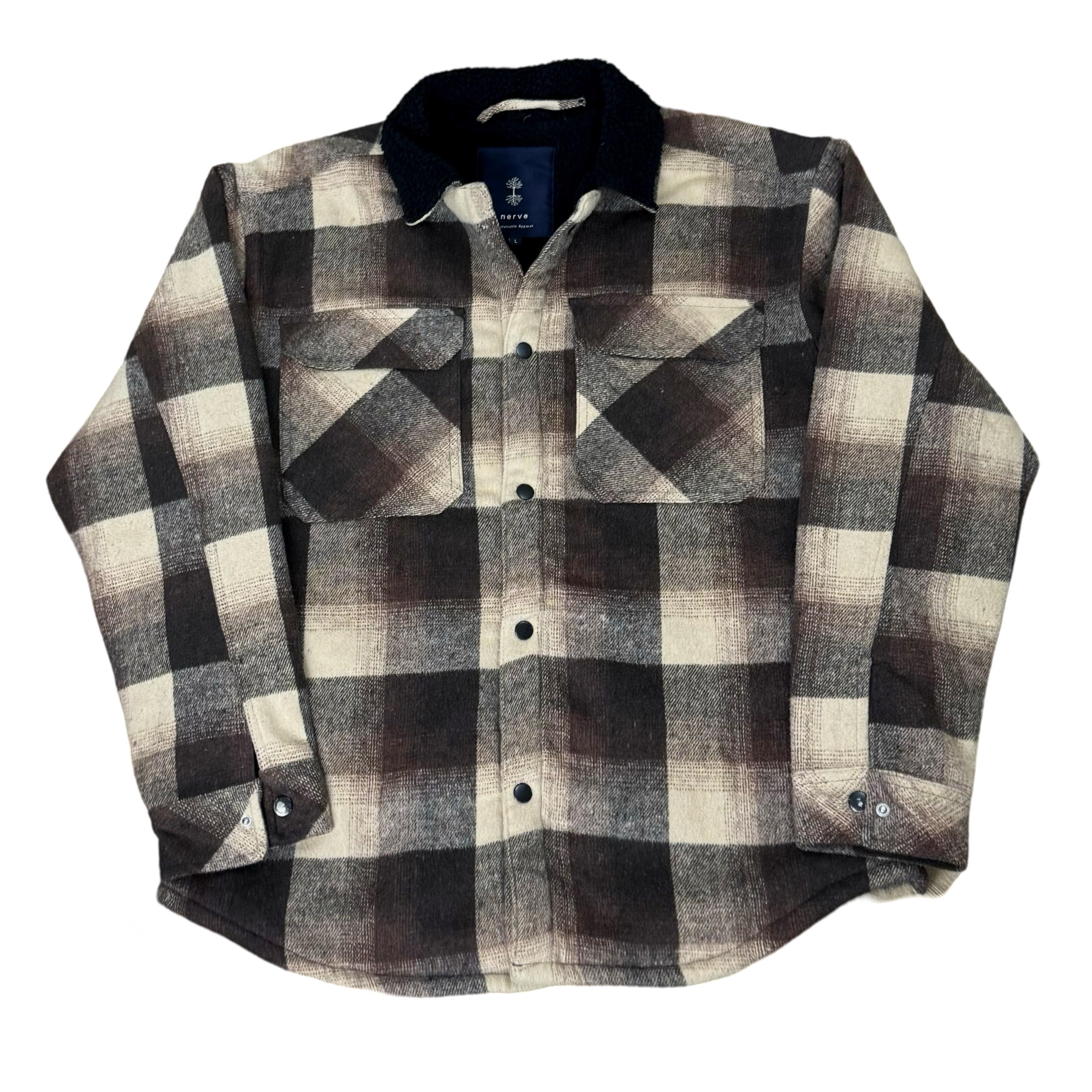 Nerve Brown/Beige Check Wool Blend Overshirt with Faux Shearling Lining | Large