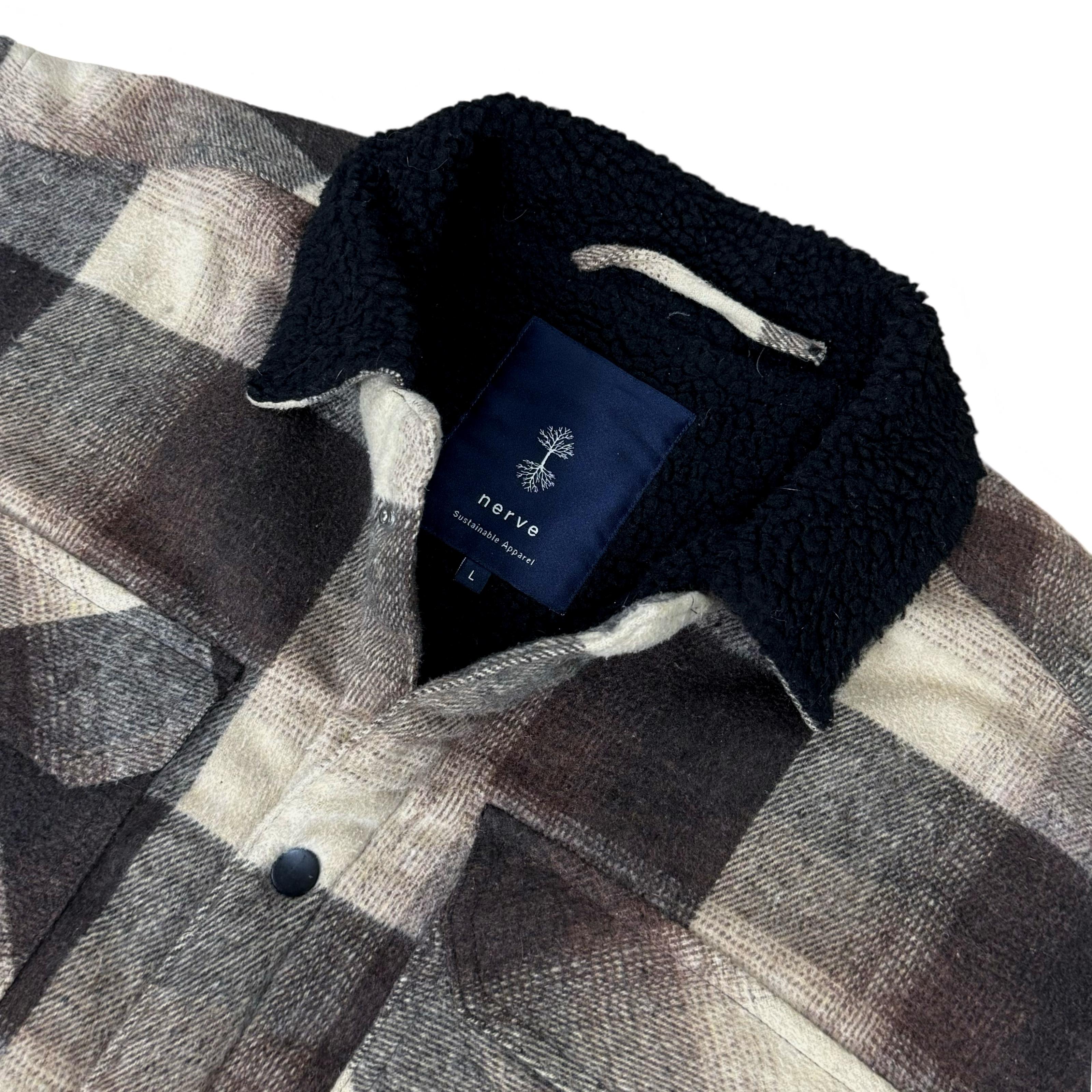 Nerve Brown/Beige Check Wool Blend Overshirt with Faux Shearling Lining | Large