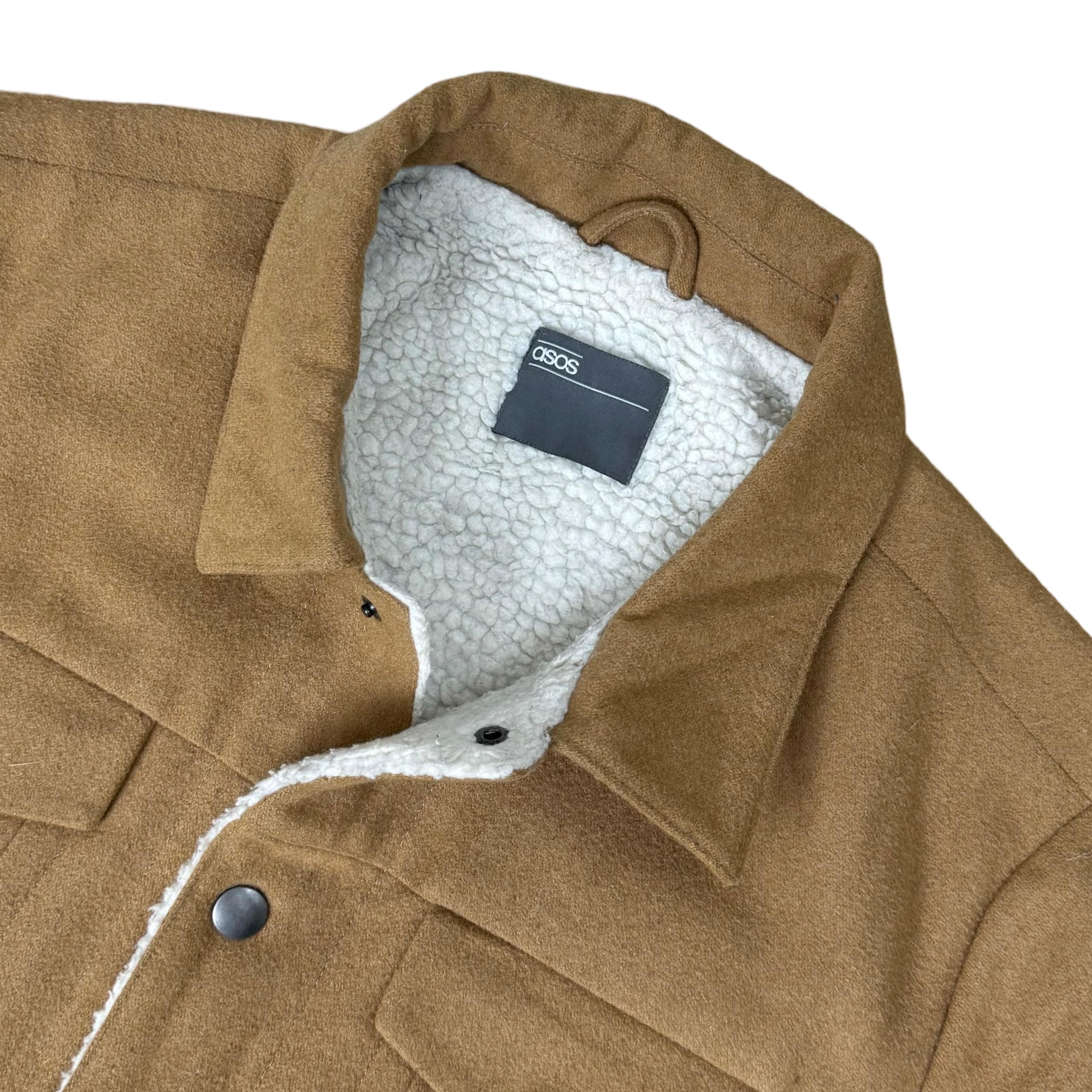 Asos Tan Wool Blend Trucker Jacket with Faux Shearling Lining | Large
