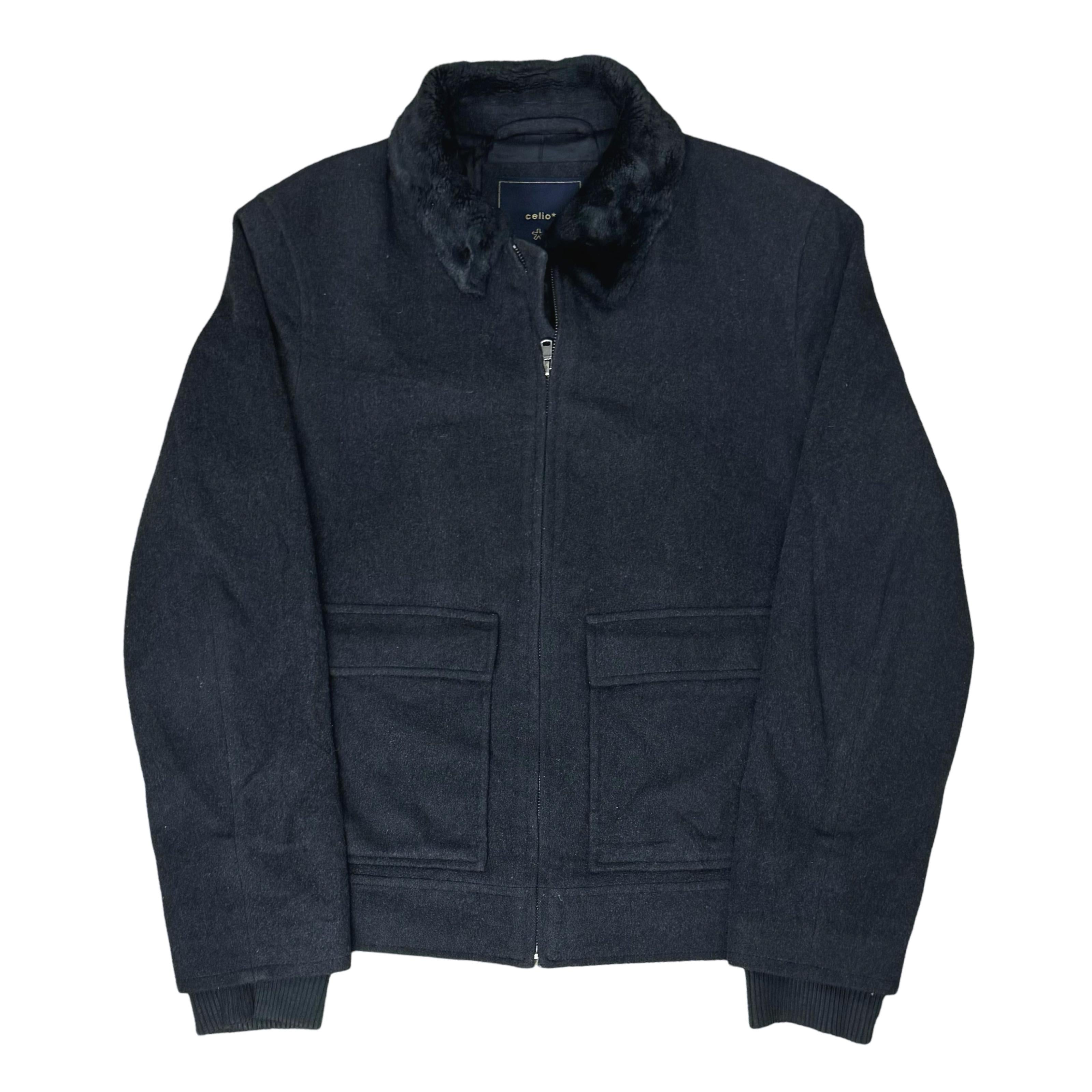 Celio Wool Blend Harrington Jacket with Faux Fur Collar | Medium