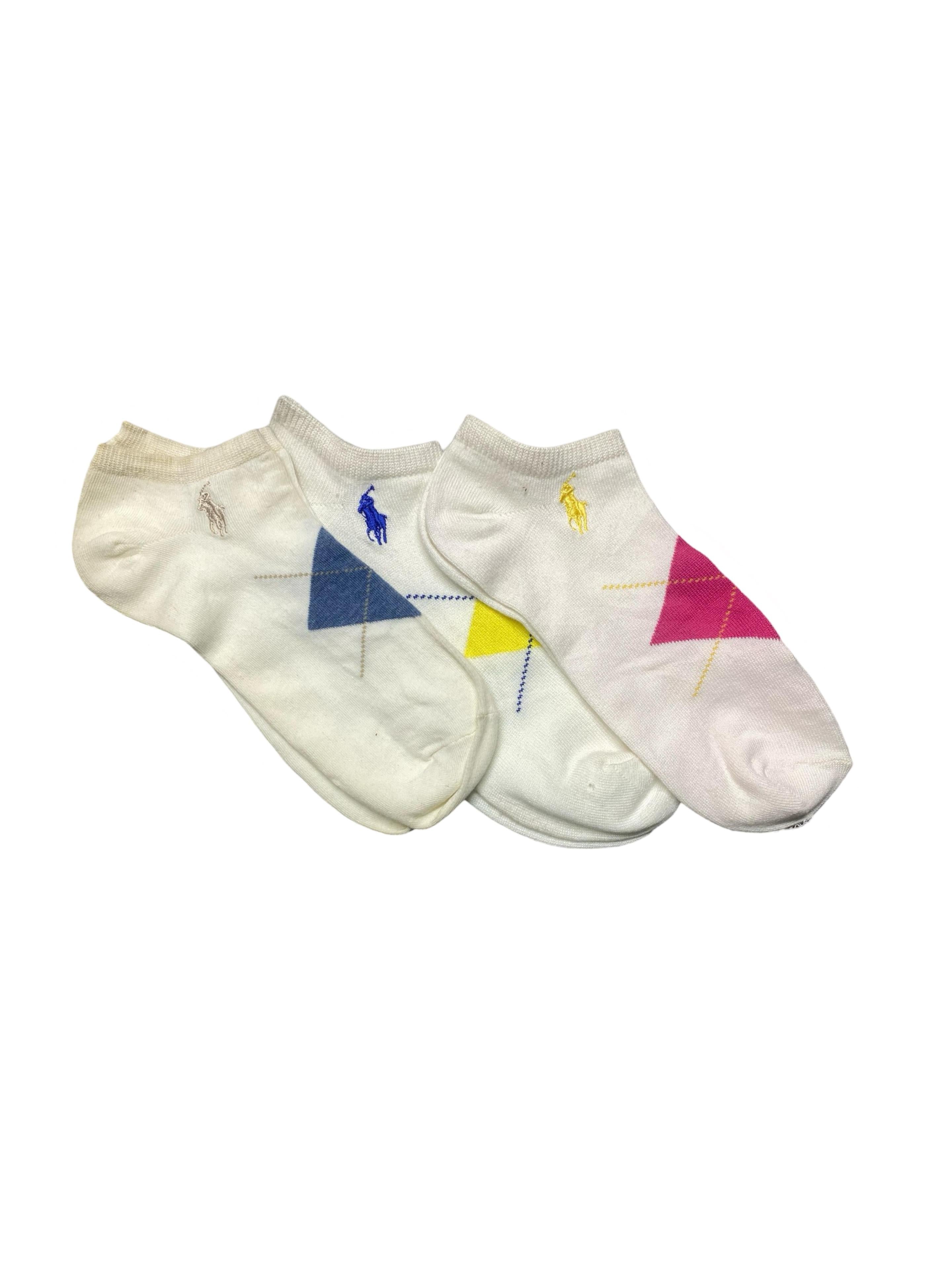 Polo Ralph Lauren Women’s No-Show Socks – White with Colorful Argyle Accents | Pack of 3 | Size: US 5-10