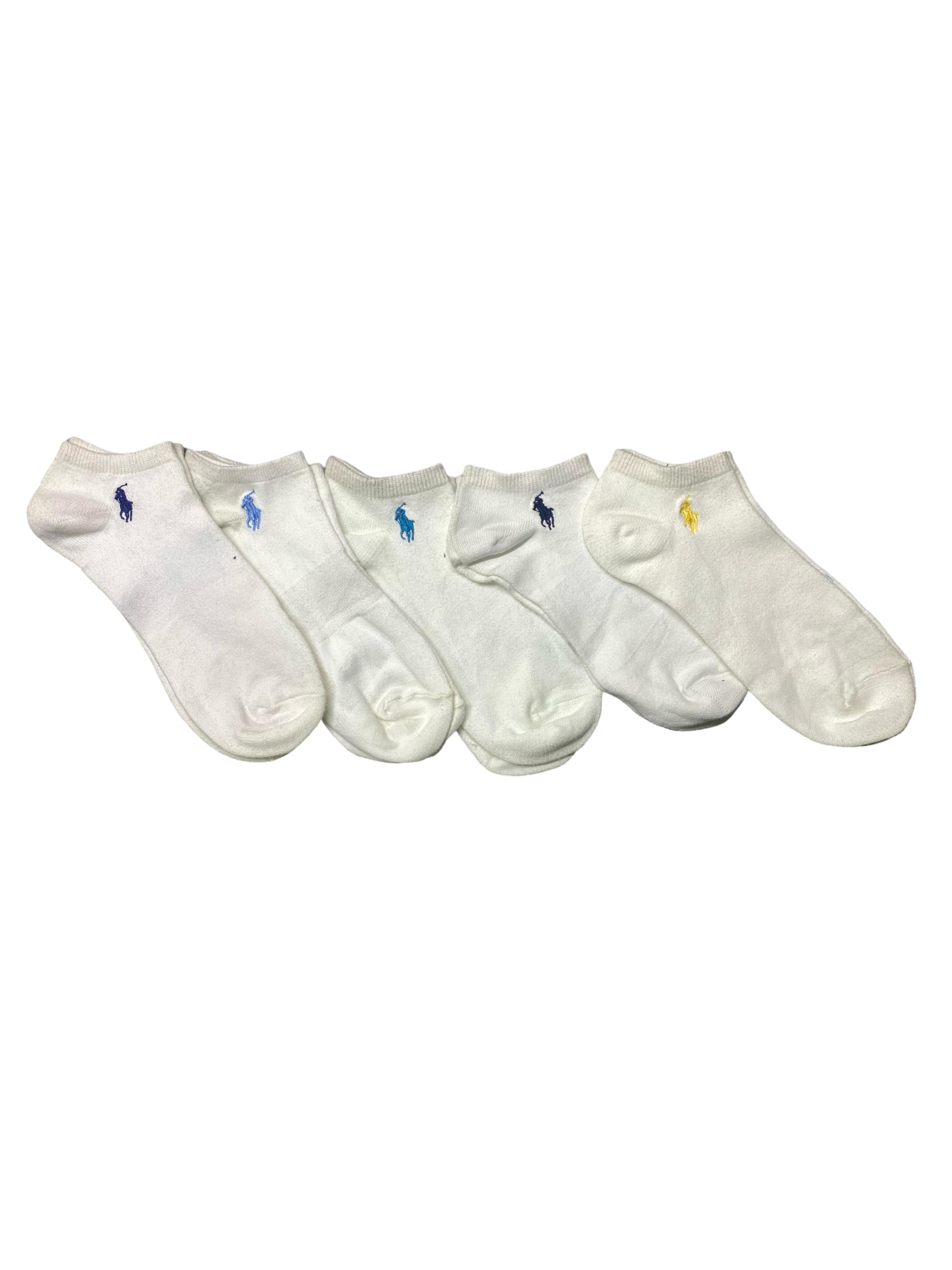 Polo Ralph Lauren No-Show Socks – Classic White with Multi-Color Logo | Pack of 5 | Size: US 6-12