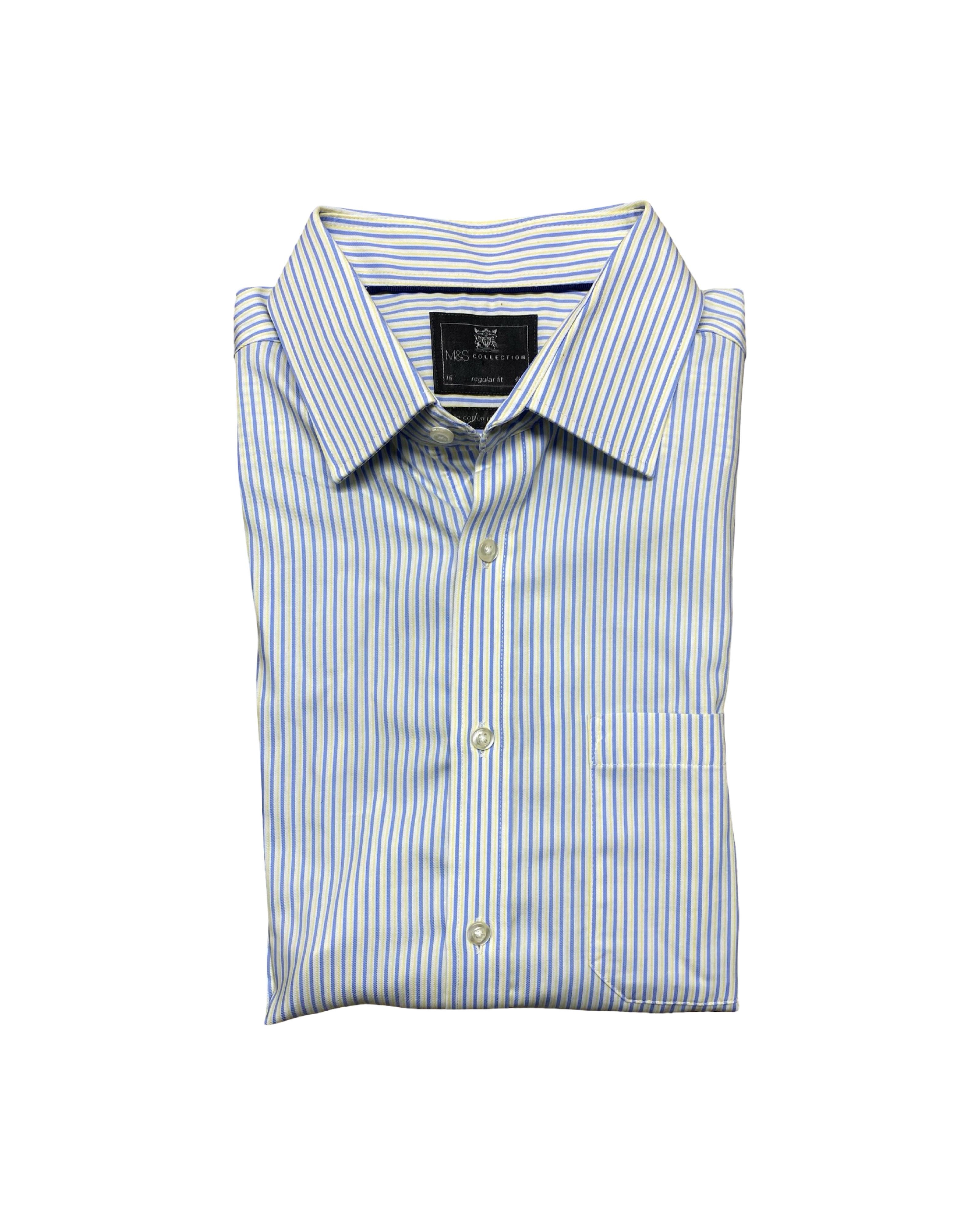 M&S Blue & White Pinstripe Short-Sleeve Shirt | Medium | Chest 22.5”