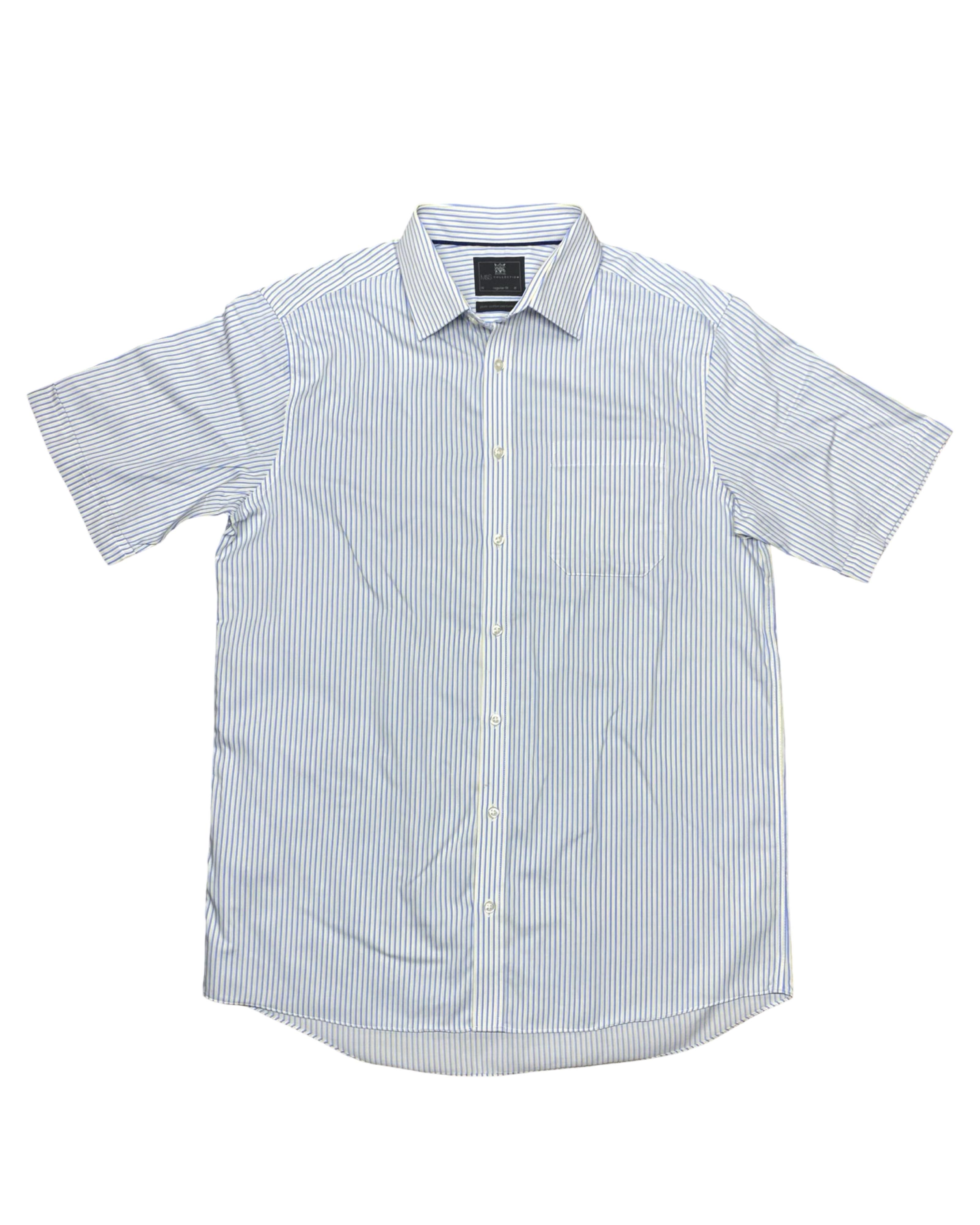 M&S Blue & White Pinstripe Short-Sleeve Shirt | Medium | Chest 22.5”