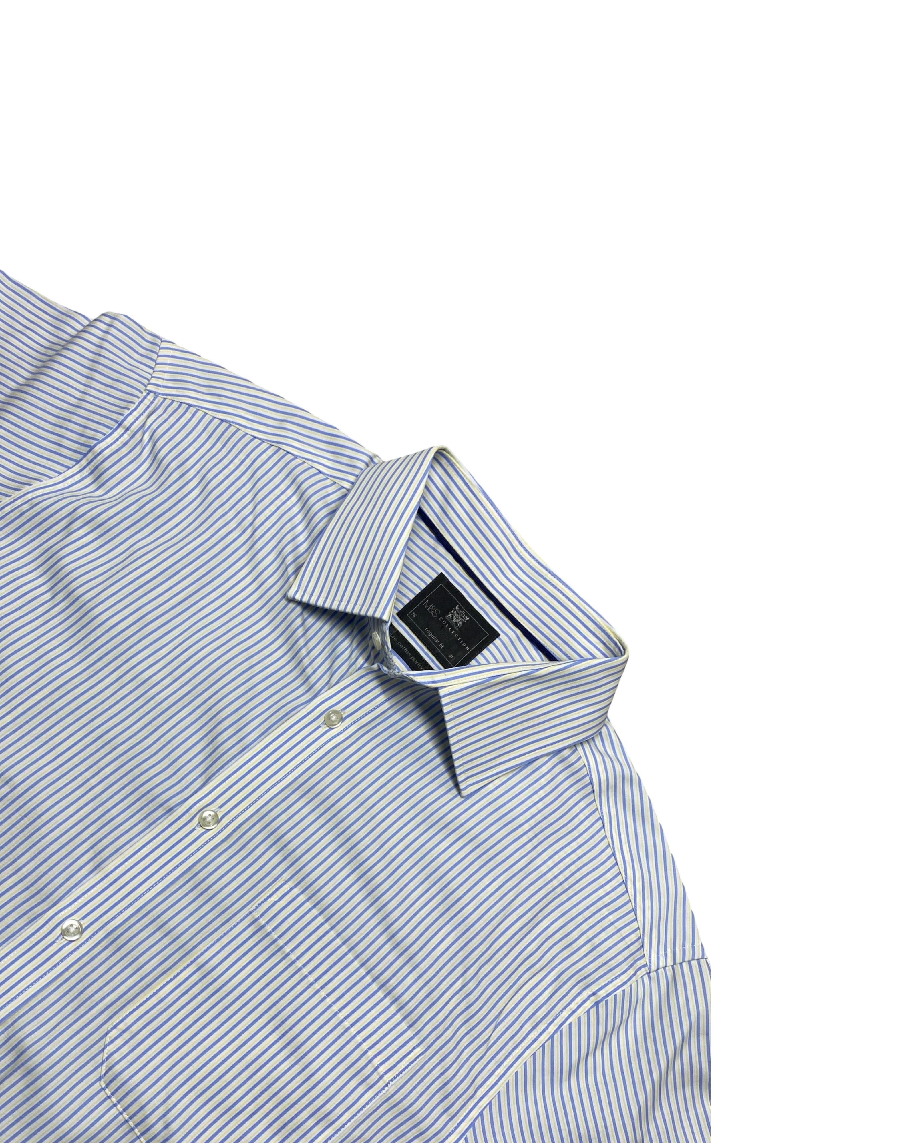 M&S Blue & White Pinstripe Short-Sleeve Shirt | Medium | Chest 22.5”