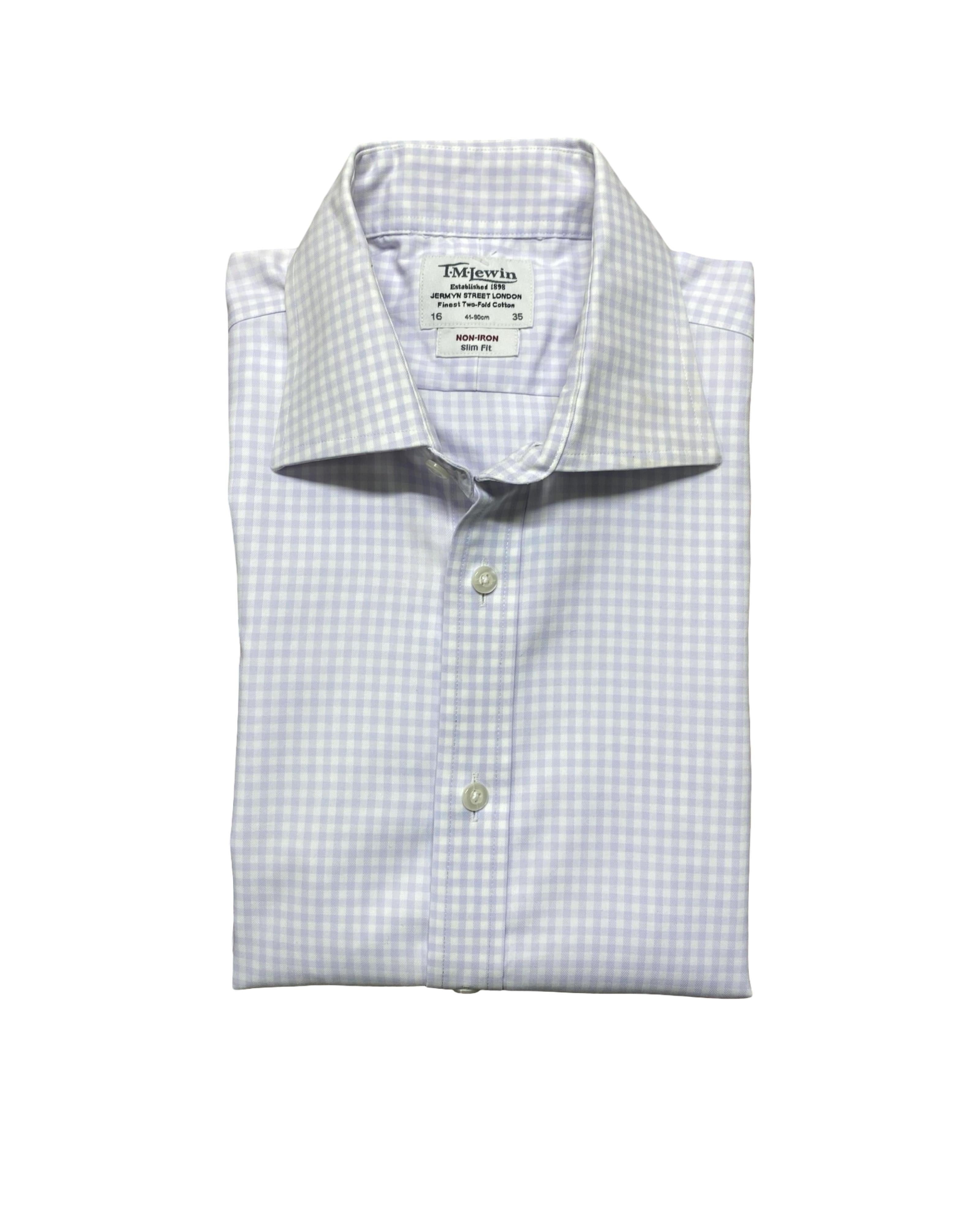 T-M-Lewin Lilac Gingham Slim Fit Dress Shirt | Large | Chest 24”