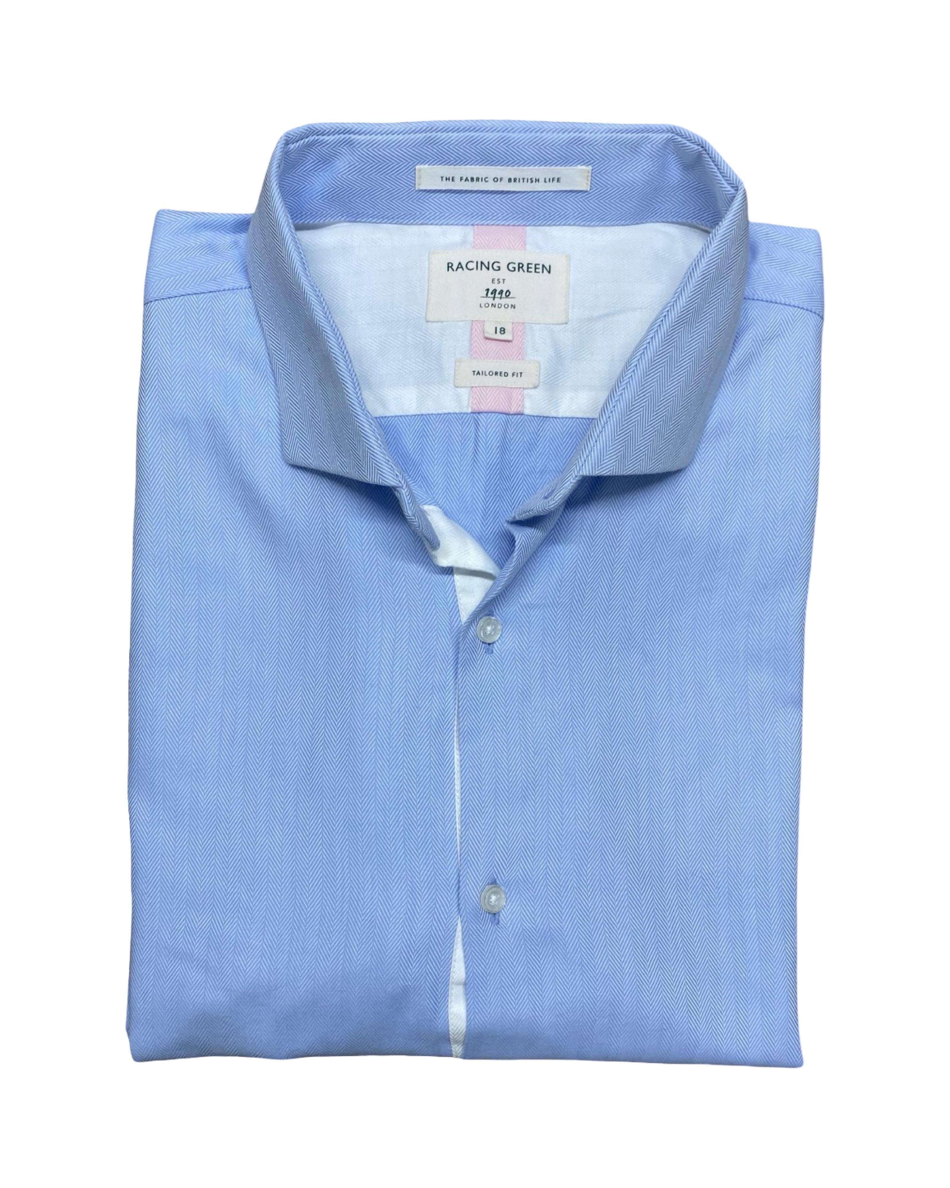 Racing Green Light Blue Herringbone Dress Shirt | Large | Chest 25.5”