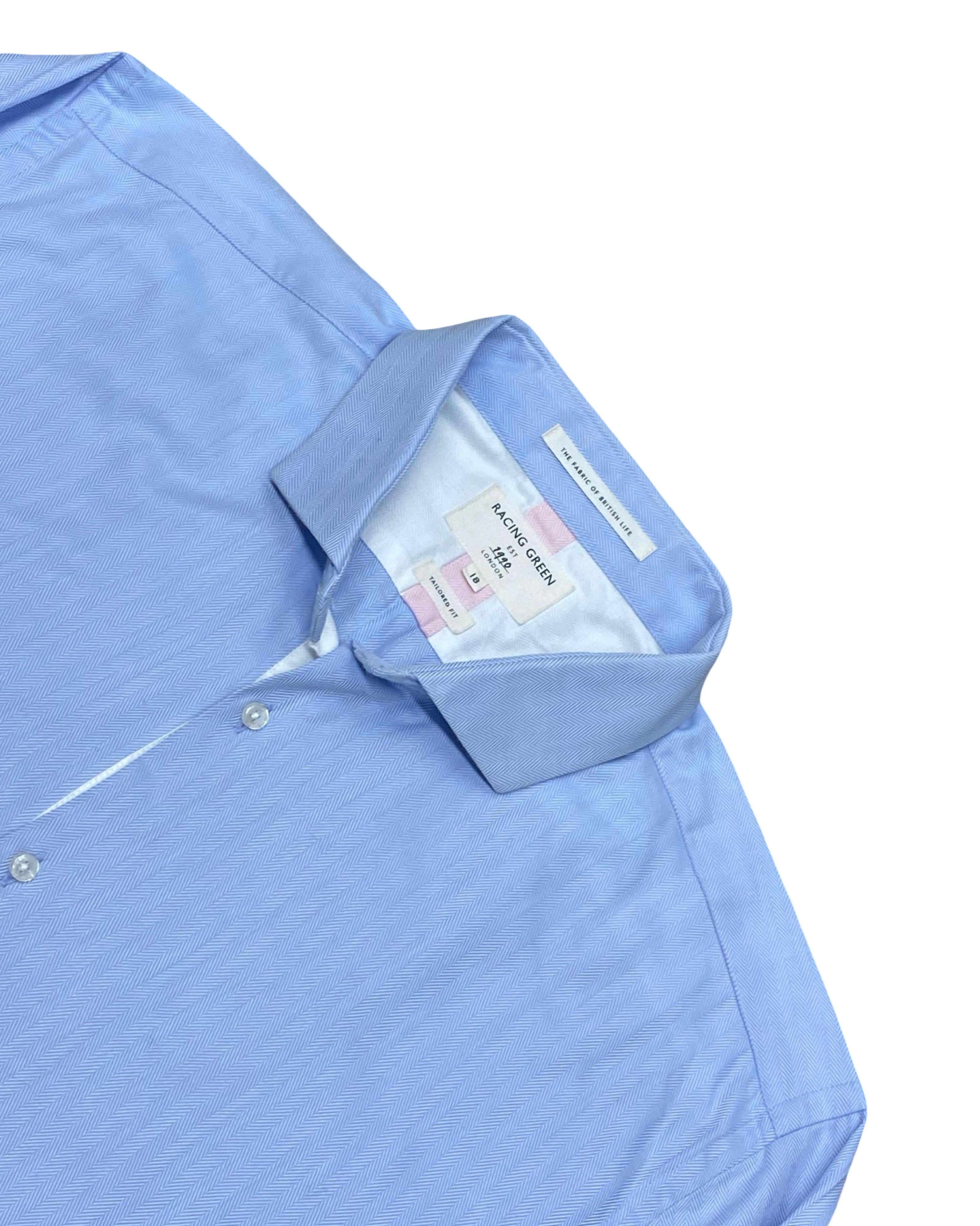 Racing Green Light Blue Herringbone Dress Shirt | Large | Chest 25.5”