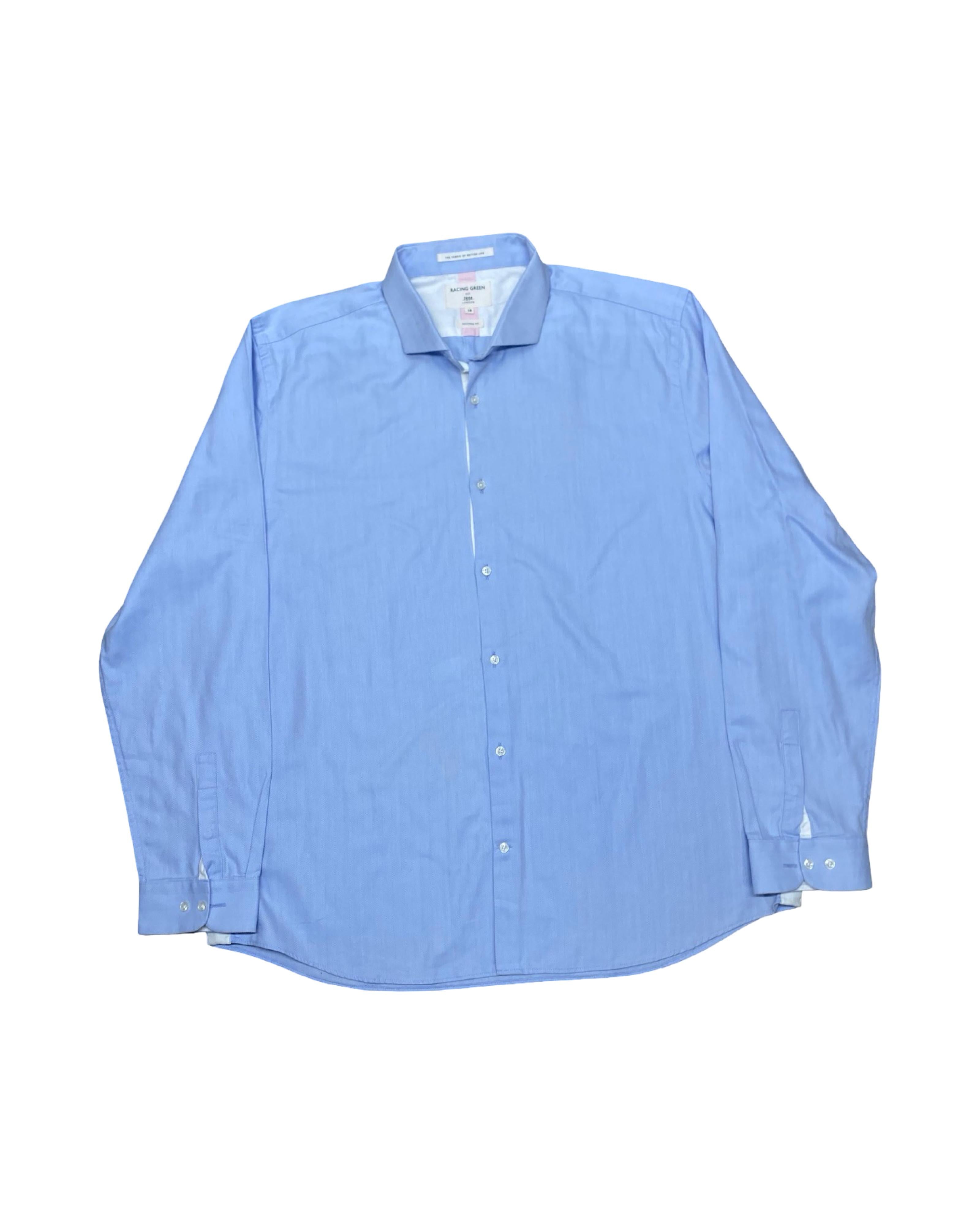 Racing Green Light Blue Herringbone Dress Shirt | Large | Chest 25.5”