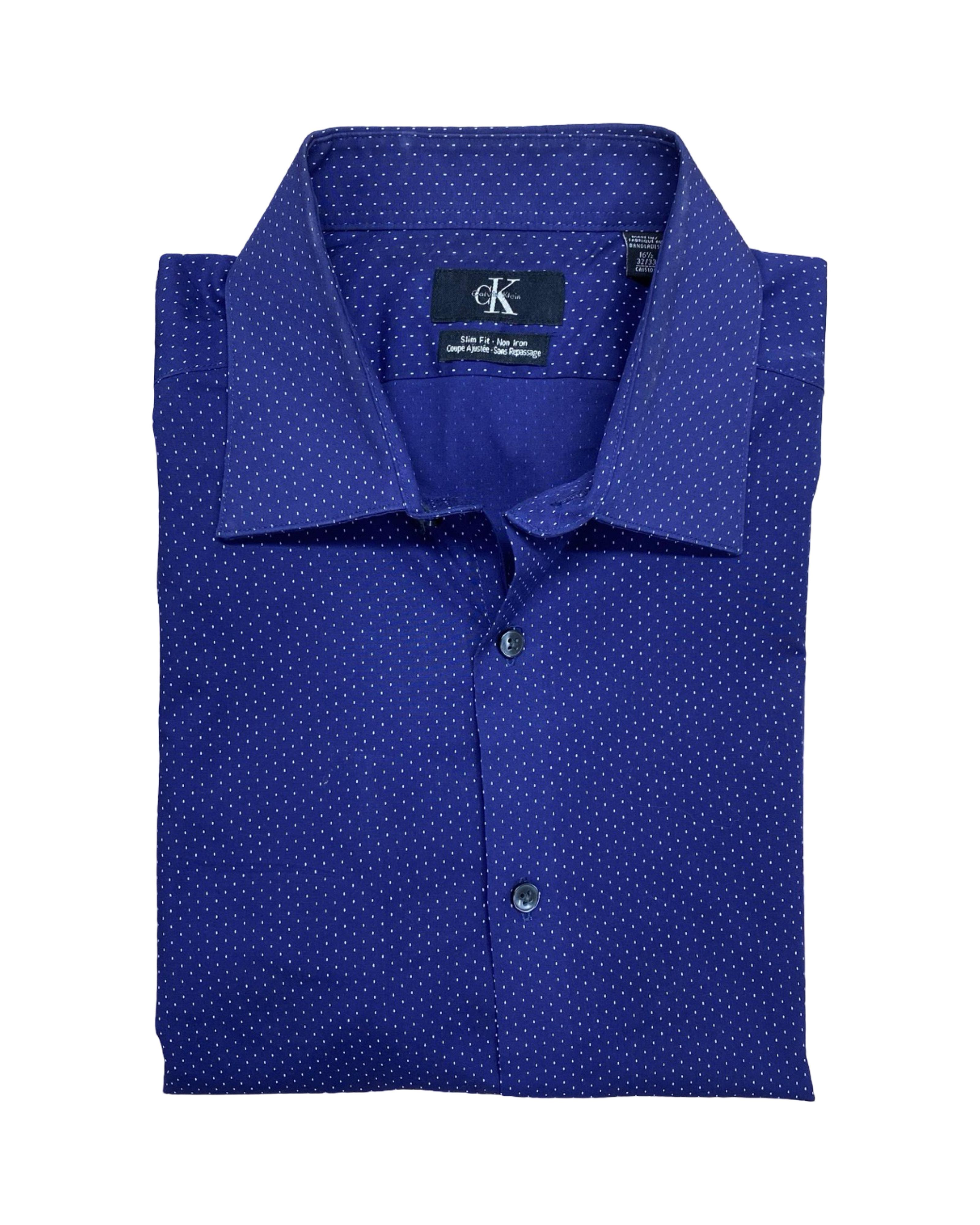 Calvin Klein Navy Polka Dot Dress Shirt | Medium | Chest 22.5”