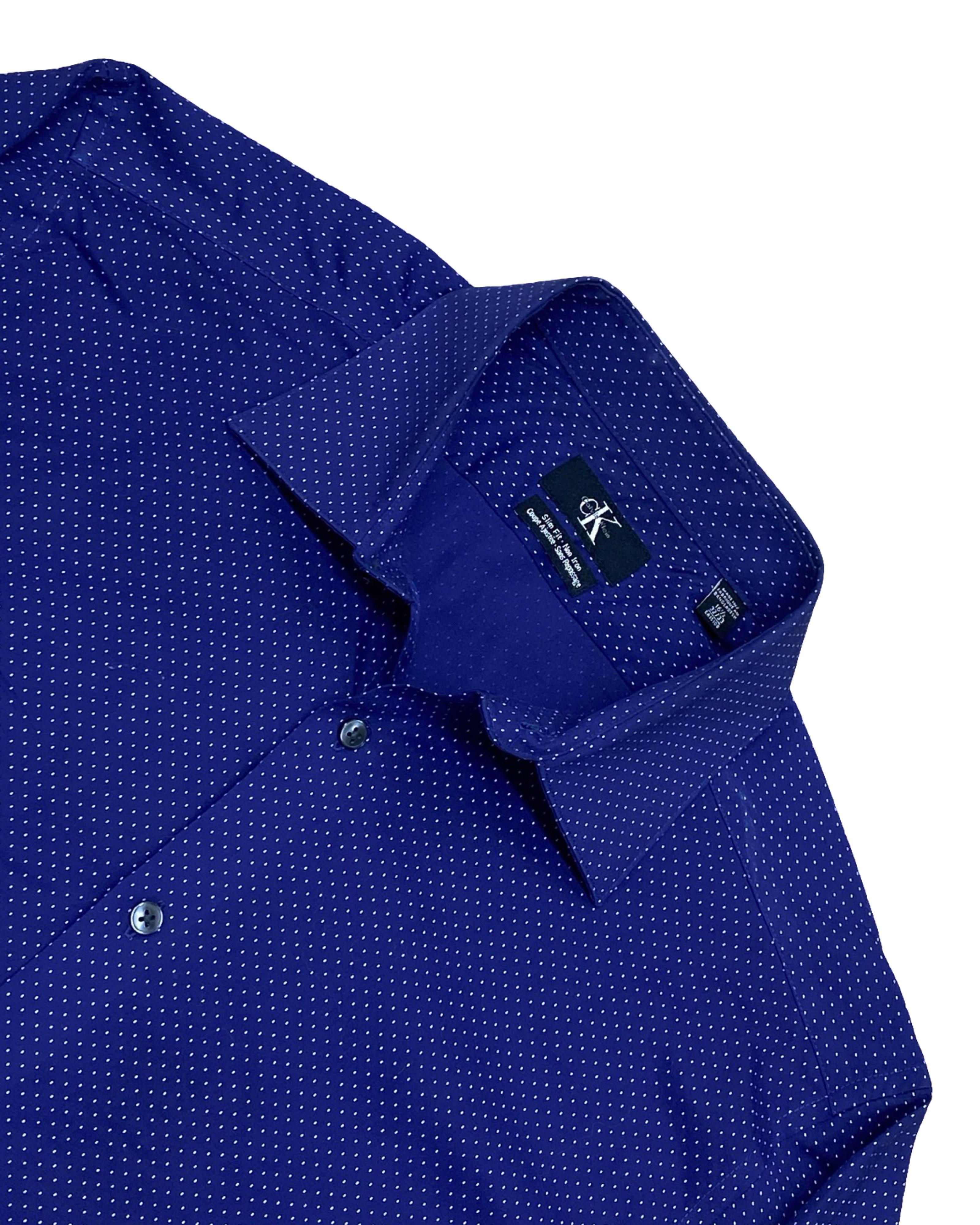 Calvin Klein Navy Polka Dot Dress Shirt | Medium | Chest 22.5”