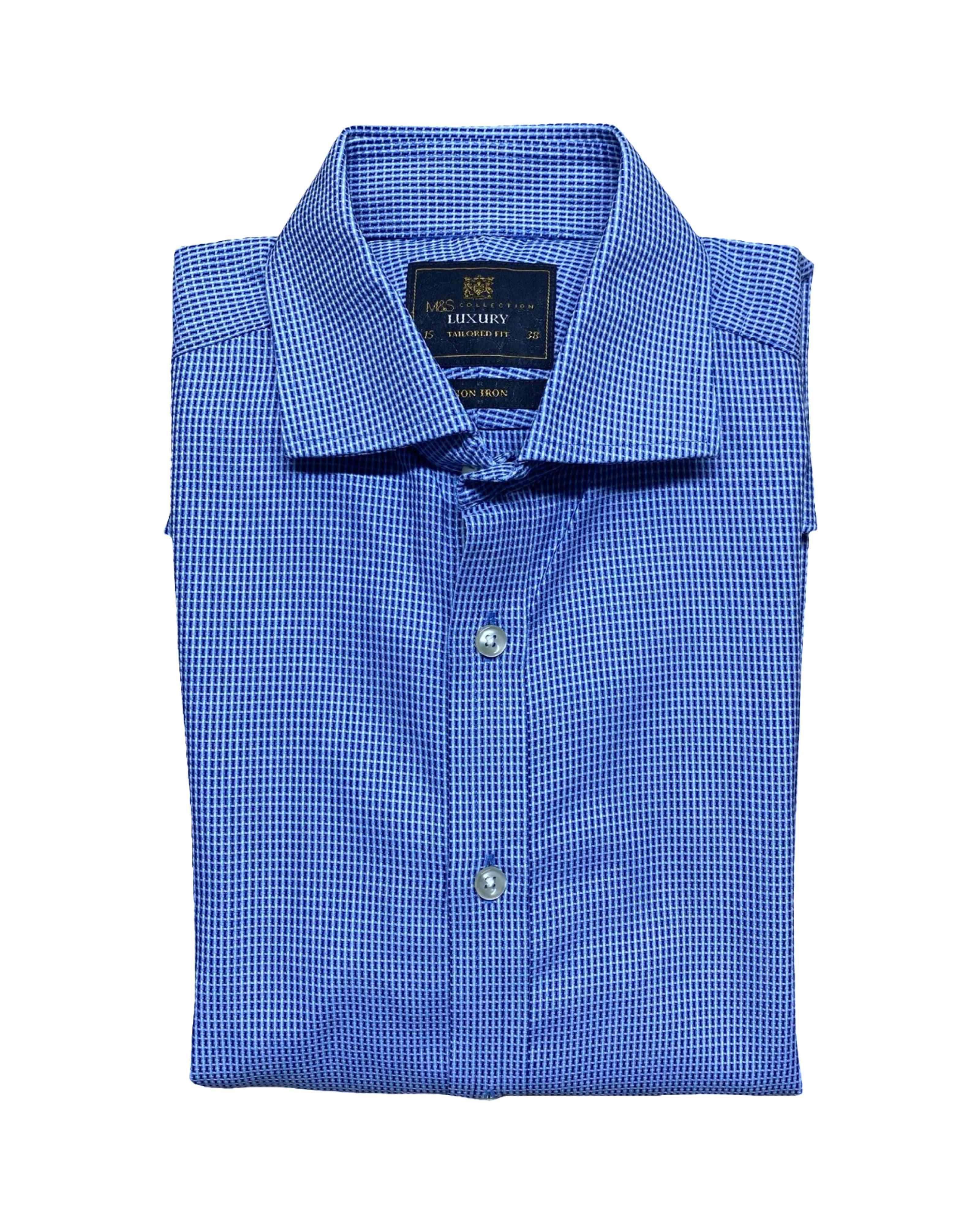 M&S Blue Micro Check Dress Shirt | Medium | Chest 21”