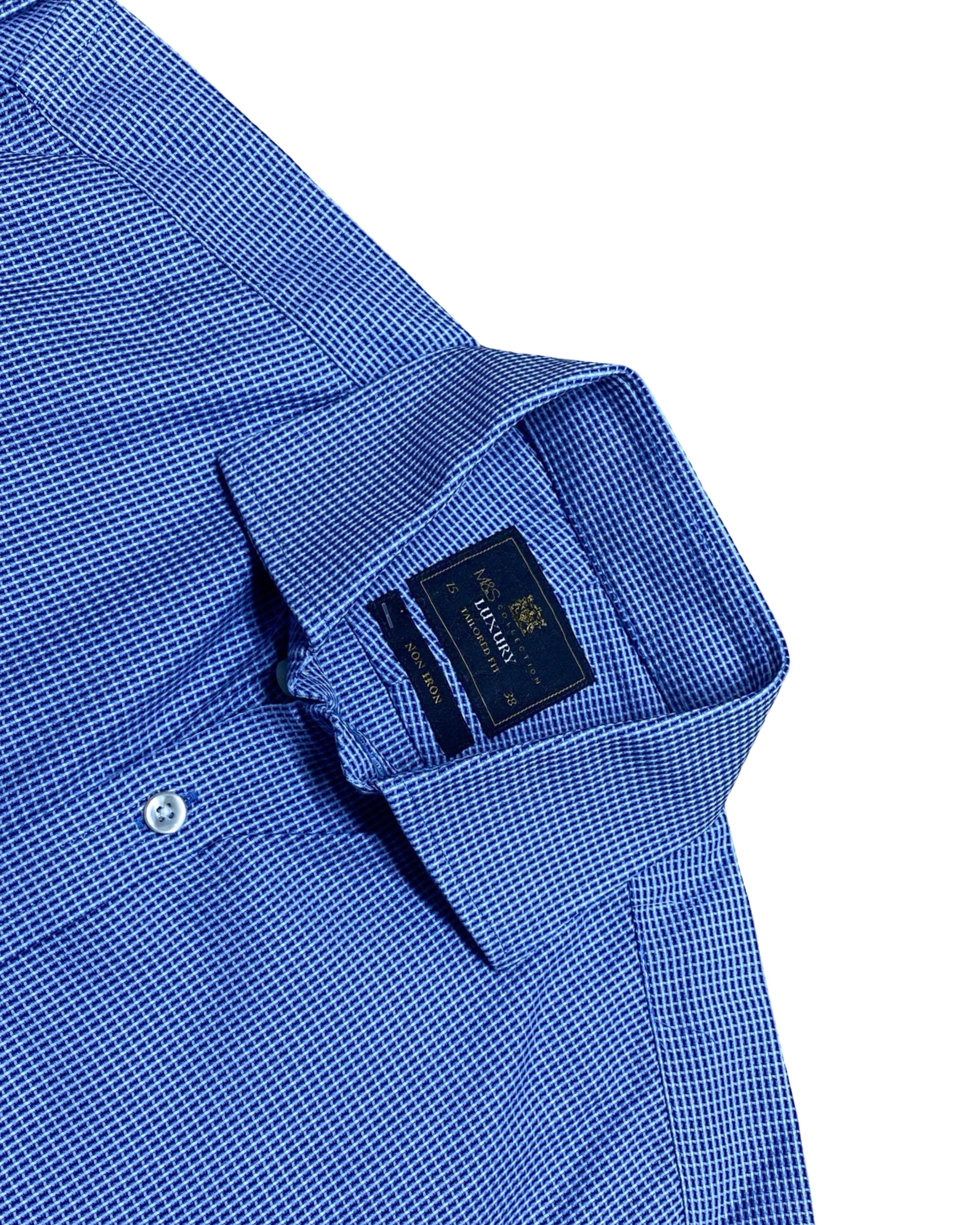 M&S Blue Micro Check Dress Shirt | Medium | Chest 21”