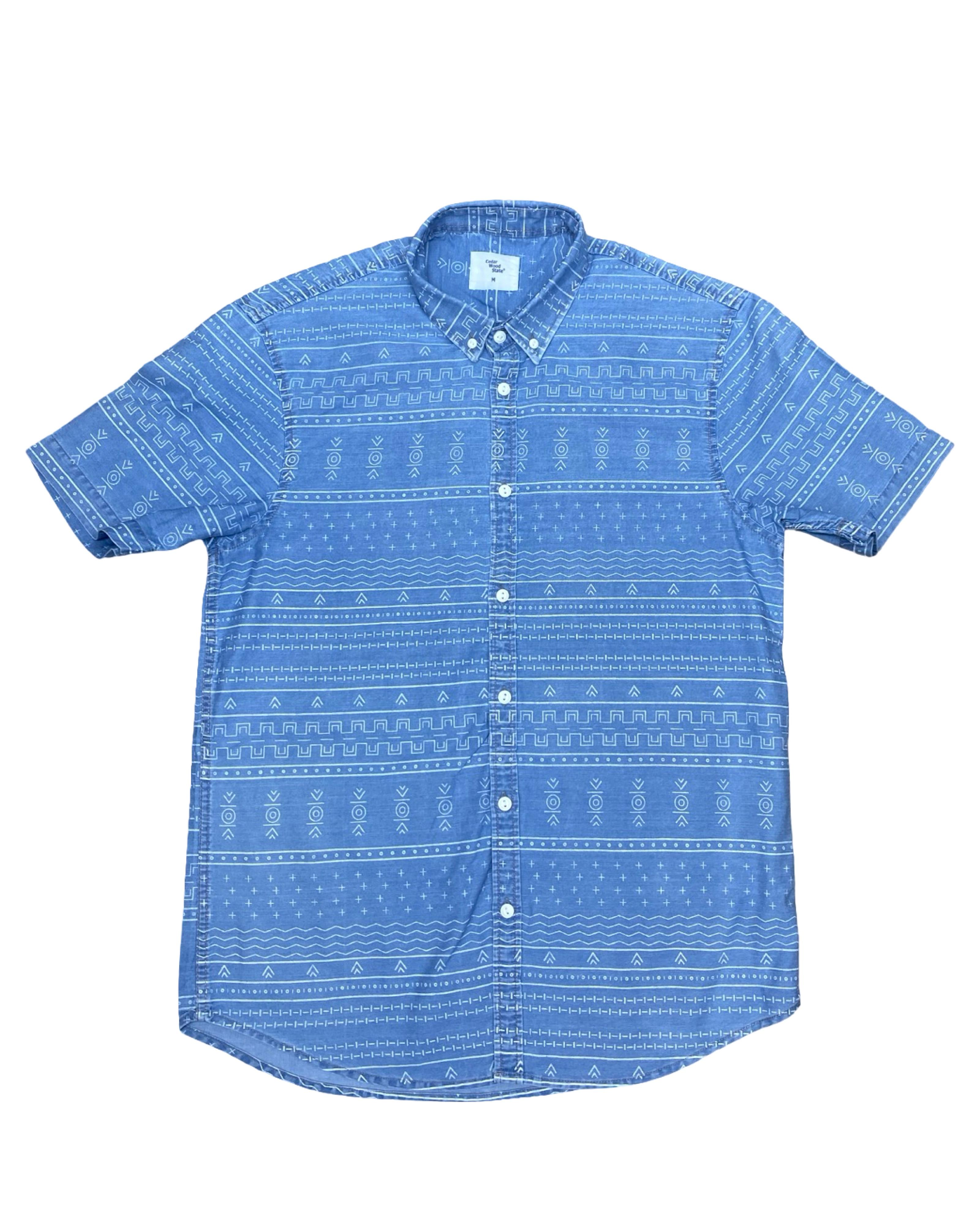 Cedar Wood State Blue Tribal Print Shirt | Small | Chest 20”