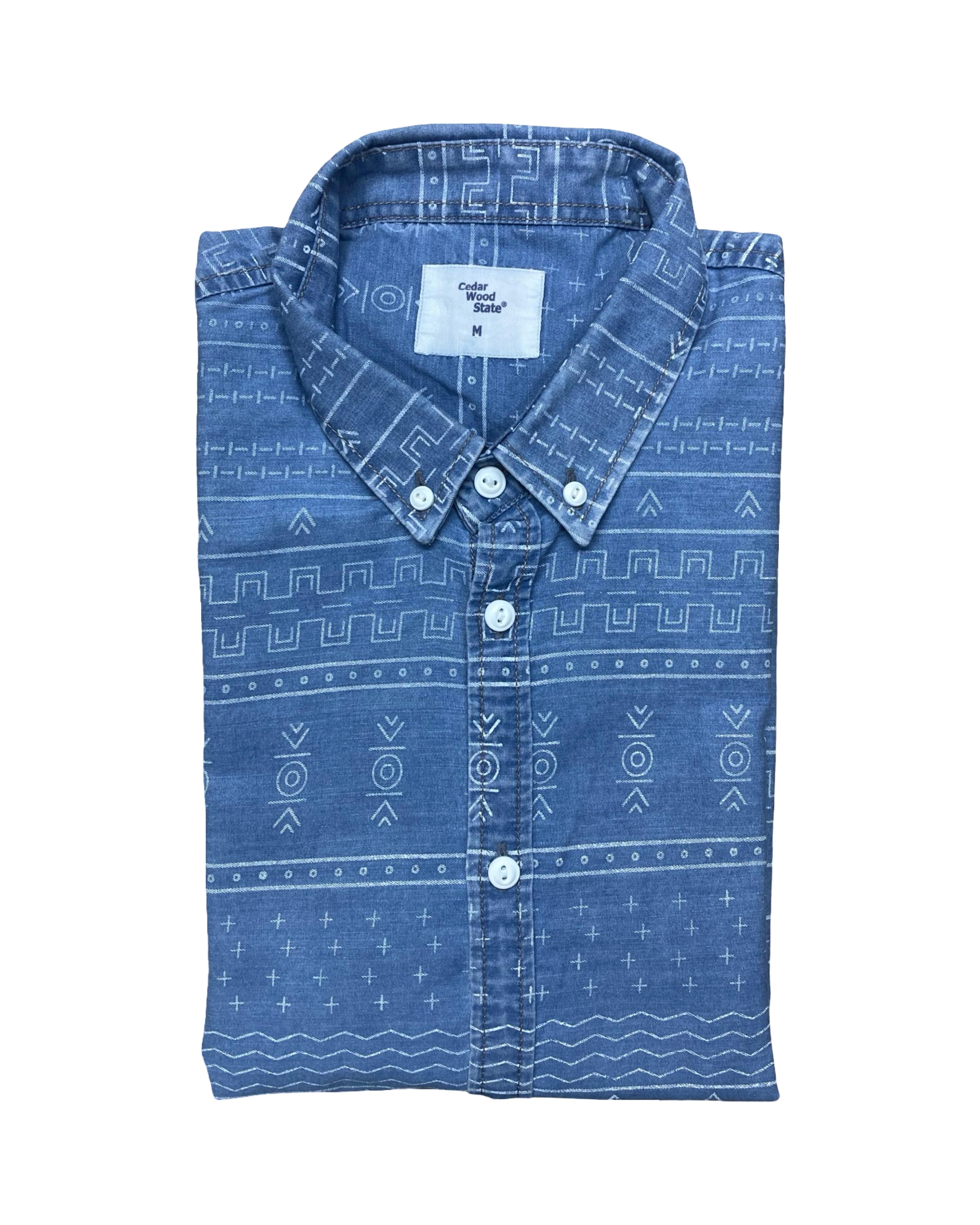 Cedar Wood State Blue Tribal Print Shirt | Small | Chest 20”