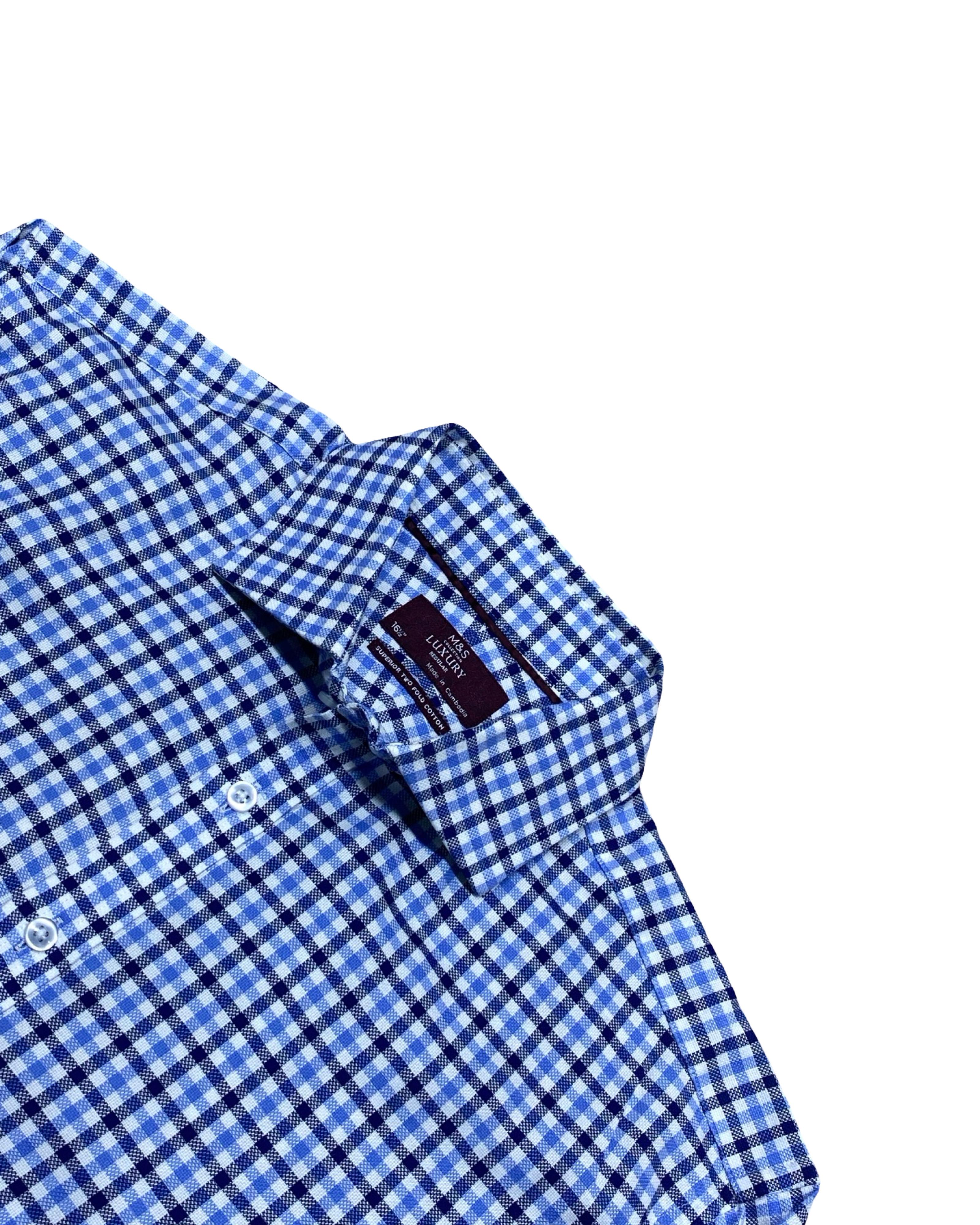 M&S Blue Checkered Shirt | Large | Chest 24.5”