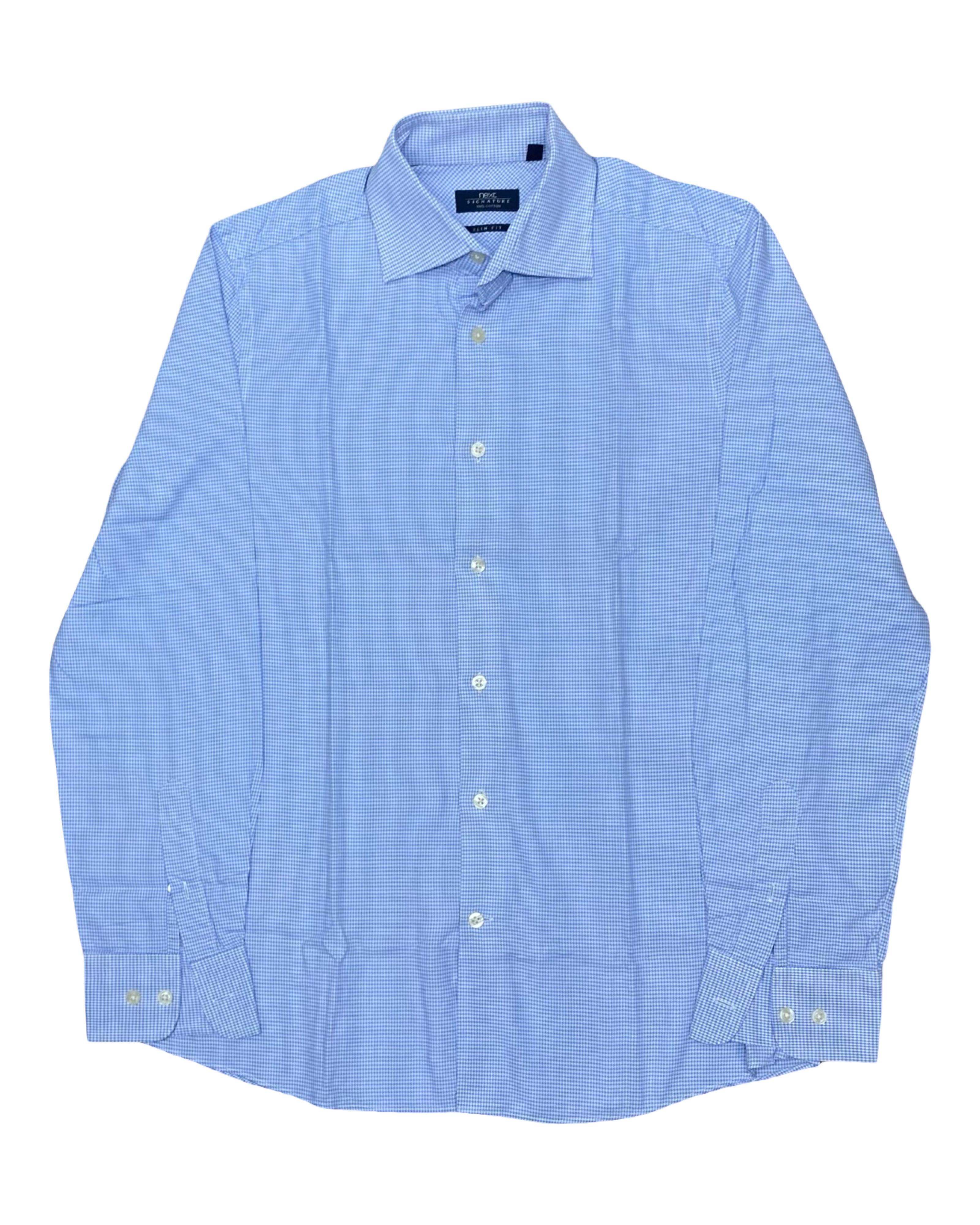 Next Signature Blue Microcheck Shirt | Medium | Chest 21.5”