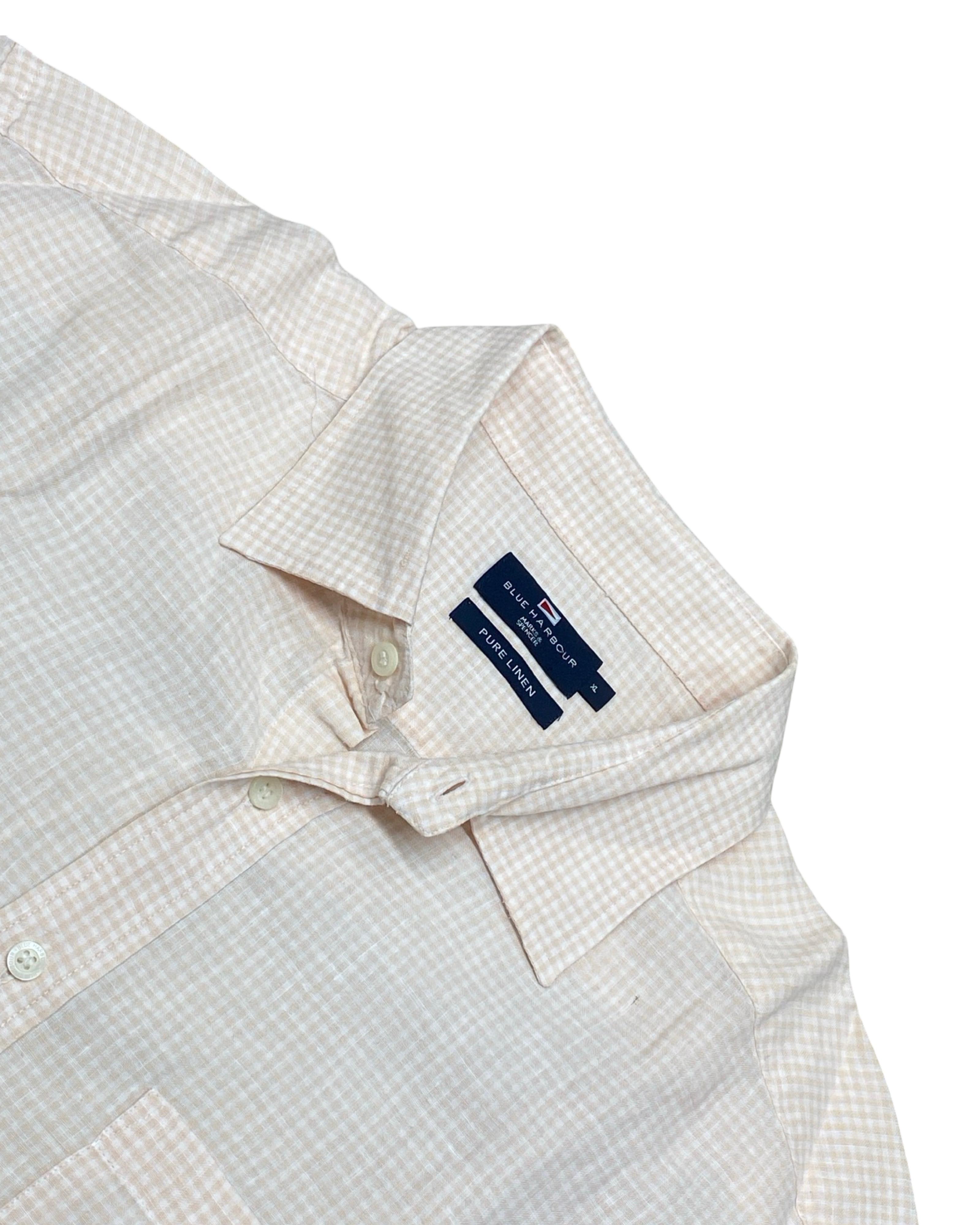 Blue Harbour Beige Check Pure Linen Shirt | L | Chest 26.5”