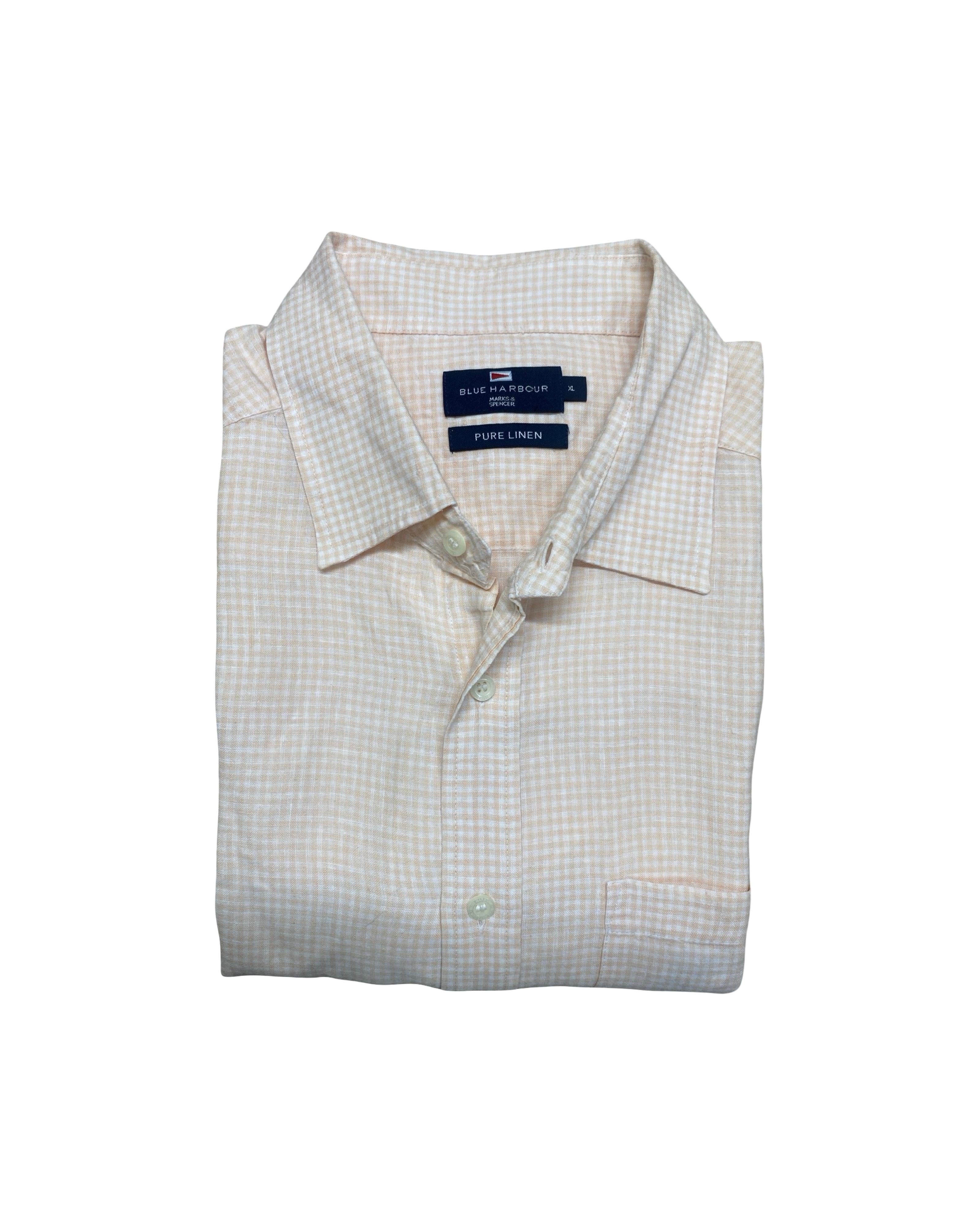 Blue Harbour Beige Check Pure Linen Shirt | L | Chest 26.5”