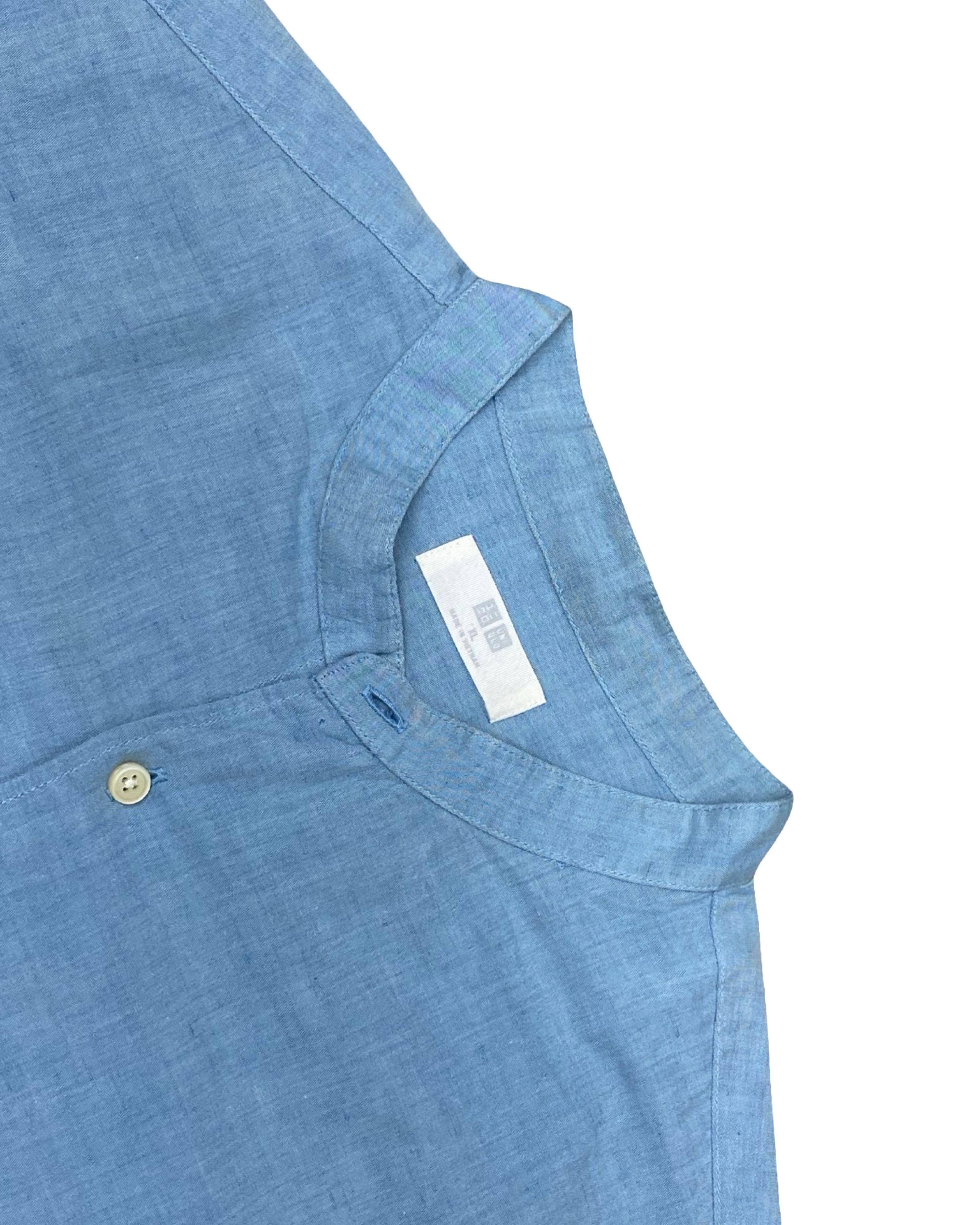 Uniqlo Blue Mandarin Collar Linen Shirt | Large | Chest 24.5”