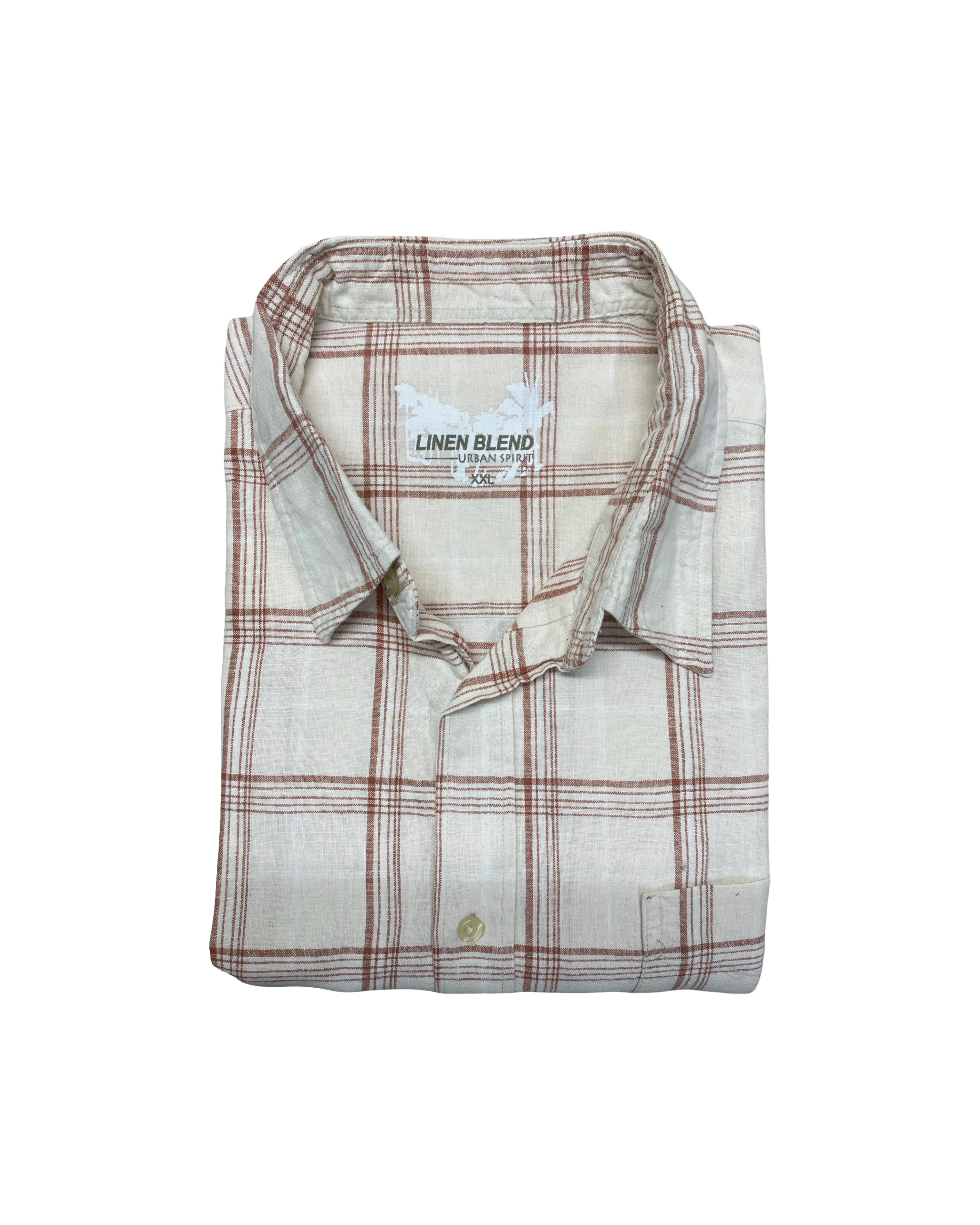 Urban Spirit Beige Checkered Linen Blend Shirt | XL | Chest 26.5”