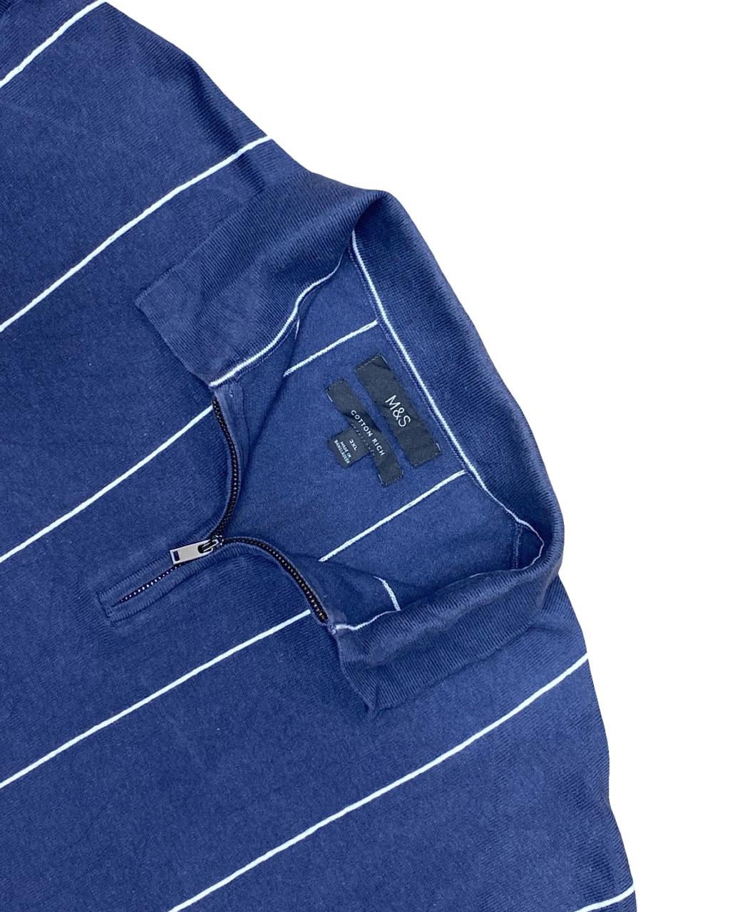 M&S Blue Striped Polo Shirt | XL | Chest 26”