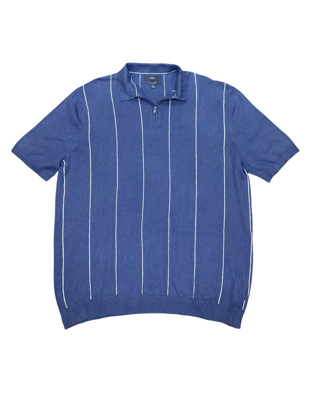 M&S Blue Striped Polo Shirt | XL | Chest 26”