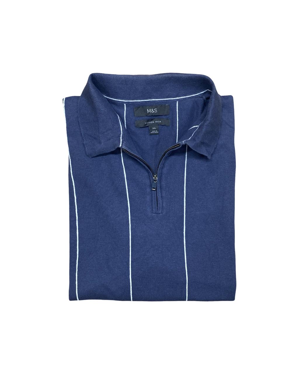 M&S Blue Striped Polo Shirt | XL | Chest 26”