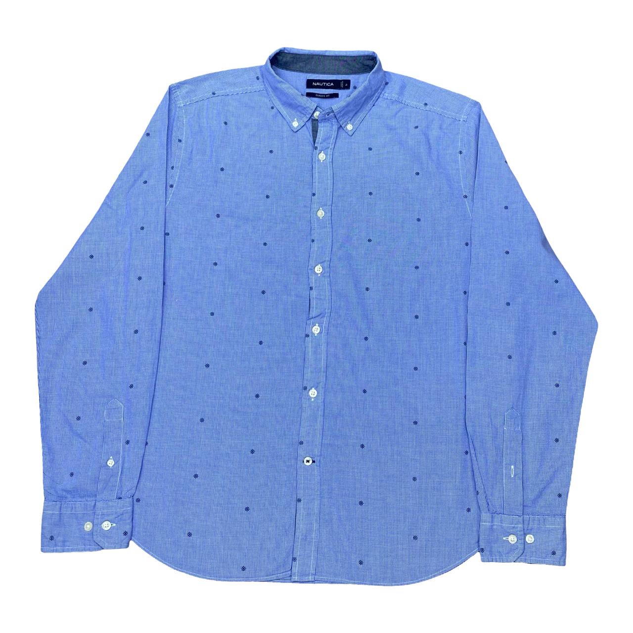 Nautica Blue Micro-Check Shirt | Large | Chest 24.5”