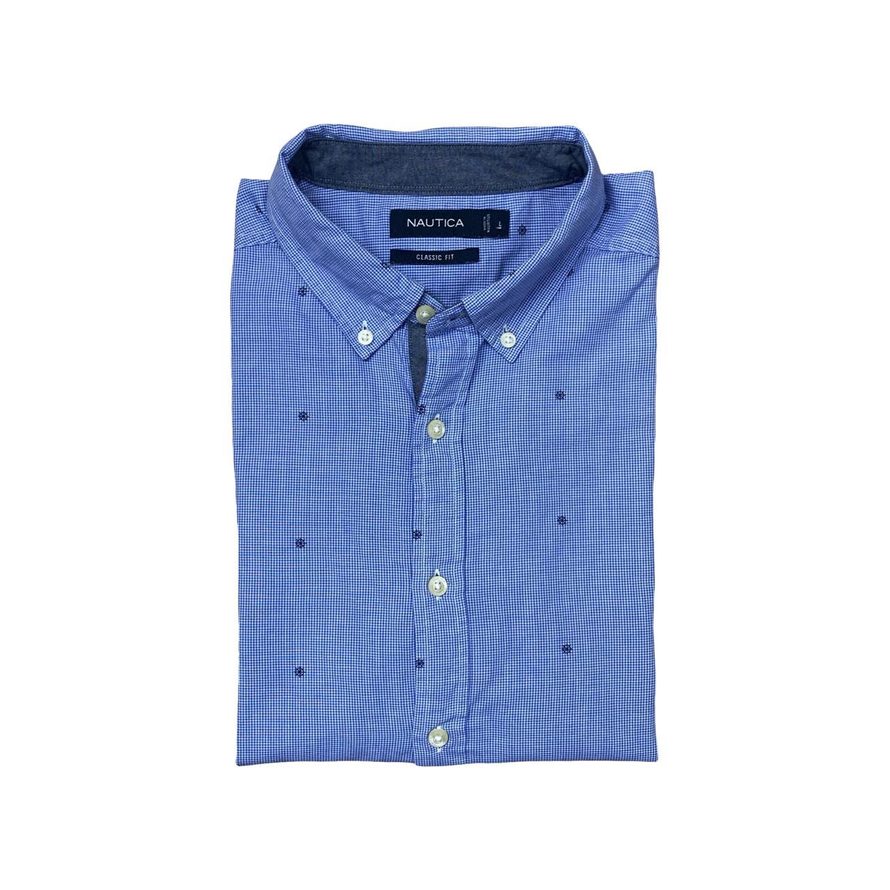 Nautica Blue Micro-Check Shirt | Large | Chest 24.5”
