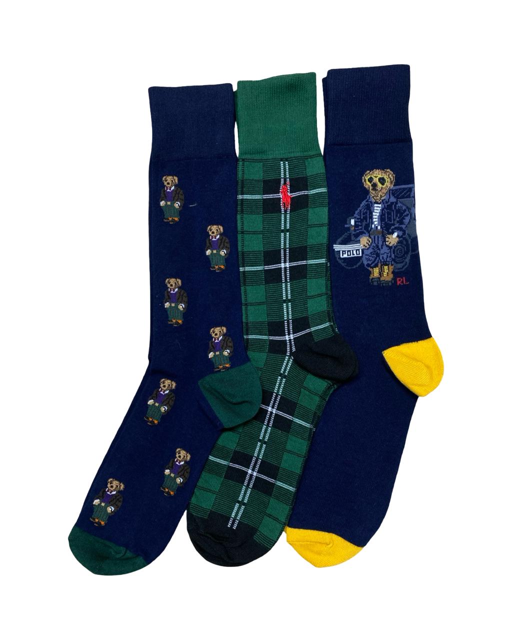 Ralph Lauren 3-Pair “Polo Bear & Plaid” Socks Set – Navy & Green | Factory Leftovers