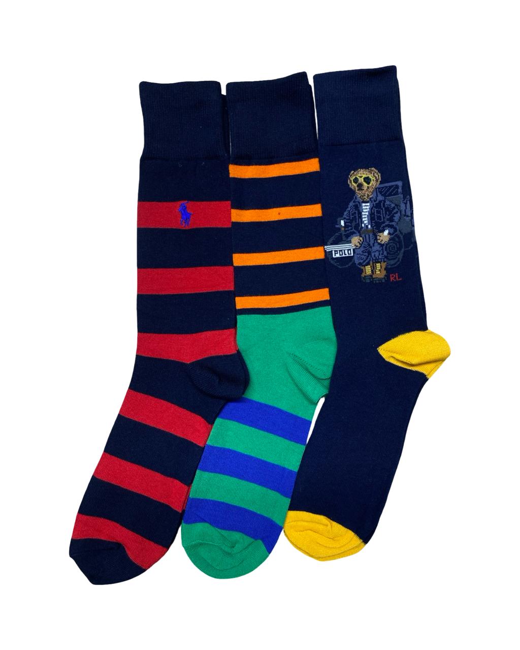 Ralph Lauren 3-Pair Striped & Polo Bear Socks Set – Multi | Factory Leftovers