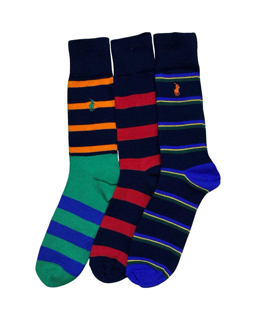 Ralph Lauren 3-Pair Multi-Stripe Socks Set – Navy, Green & Red | Factory Leftovers
