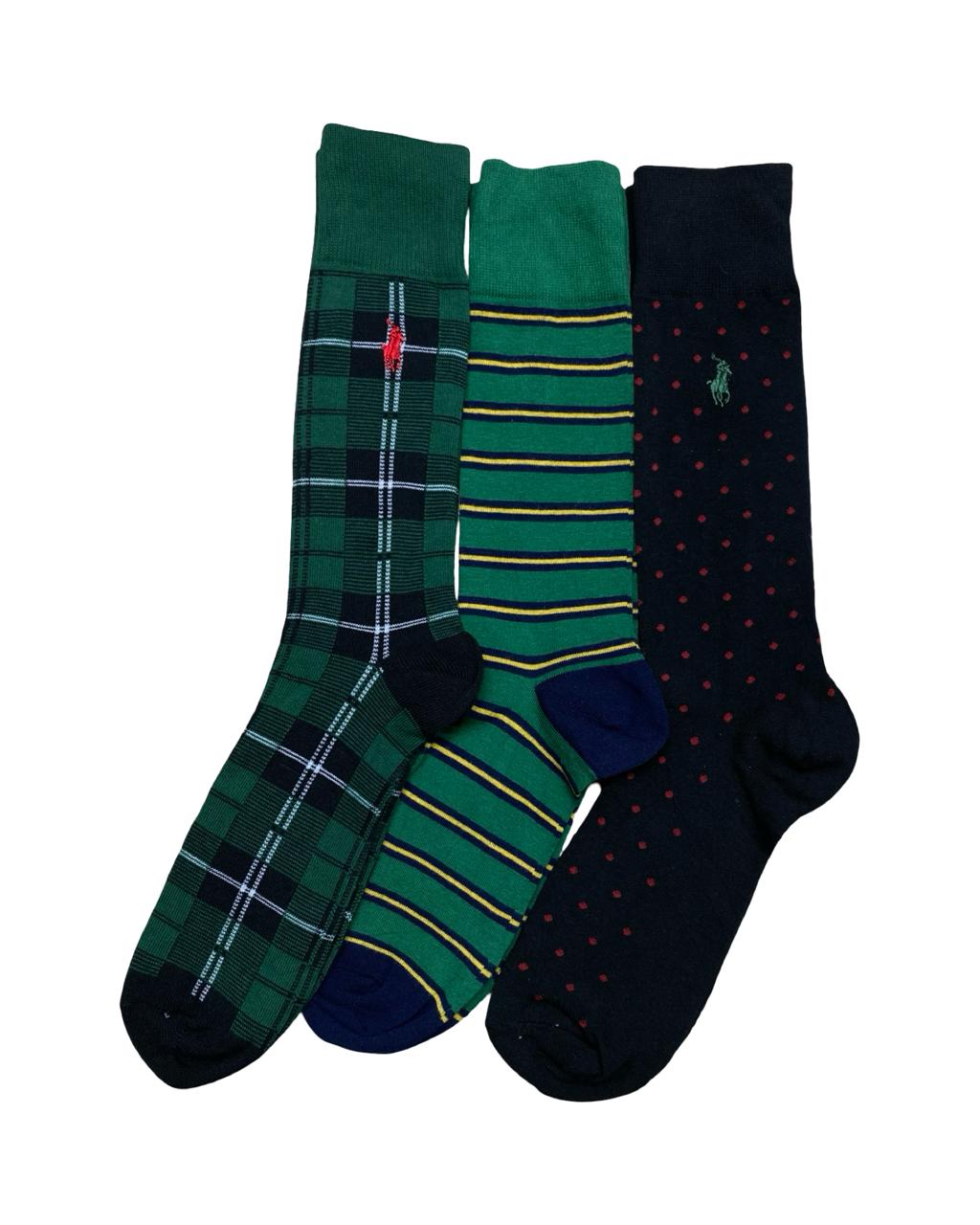 Ralph Lauren 3-Pair Green Plaid & Stripe Socks Set – Polo Logo Collection | Factory Leftovers