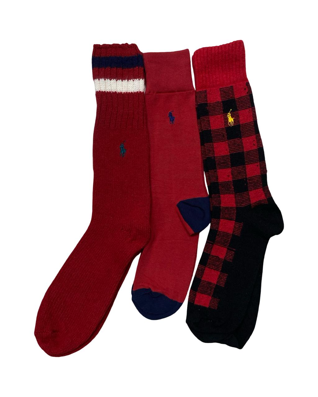 Ralph Lauren 3-Pair Red Collection Socks Set – Buffalo Check & Solids | Factory Leftovers