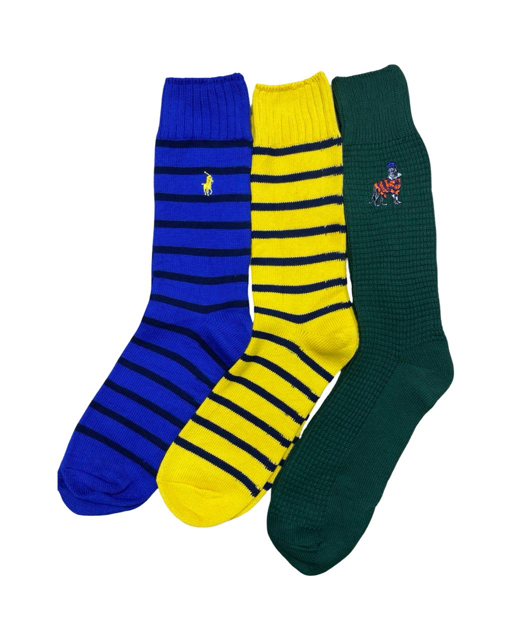 Ralph Lauren 3-Pair Bright Stripes & Polo Dog Socks Set – Blue, Yellow & Green | Factory Leftovers