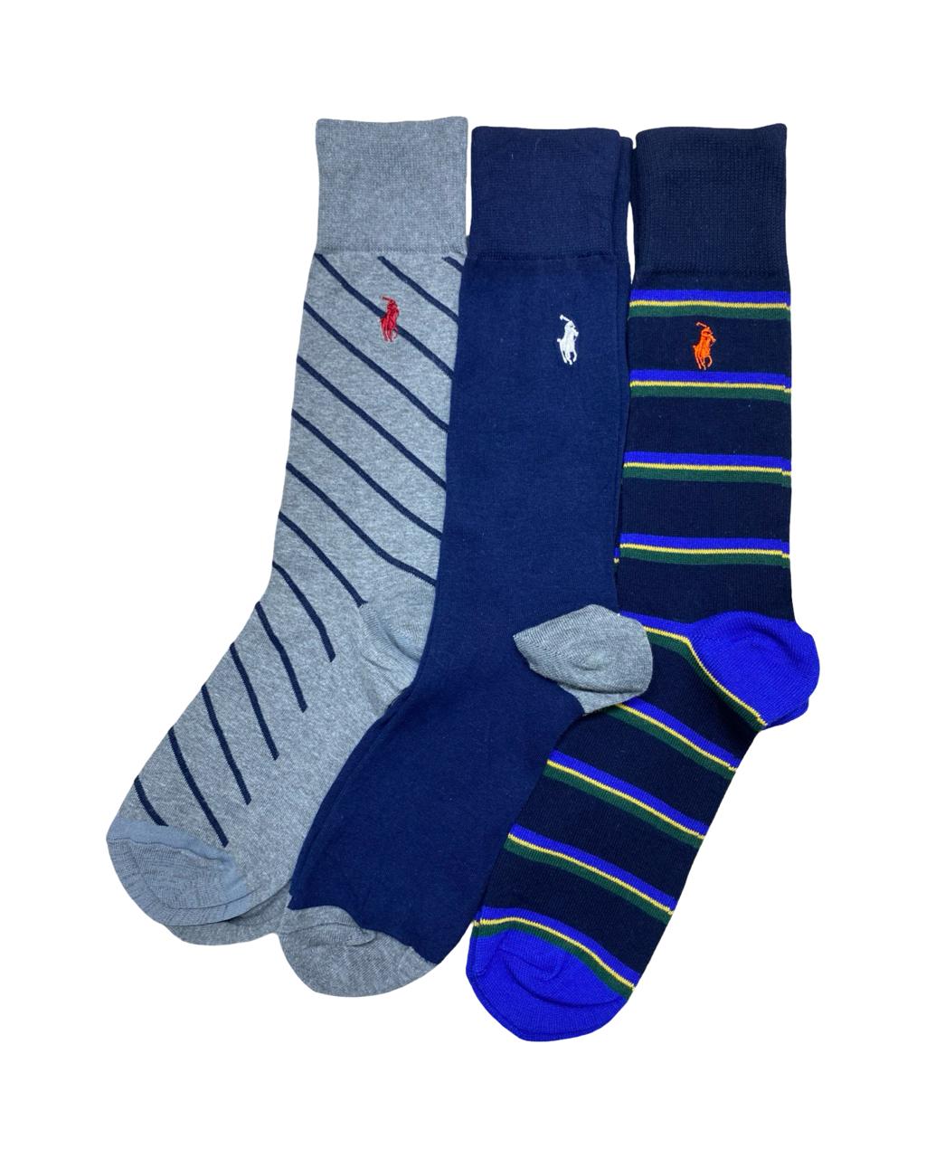 Ralph Lauren 3-Pair Classic Stripe Socks Set – Grey, Navy & Blue | Factory Leftovers