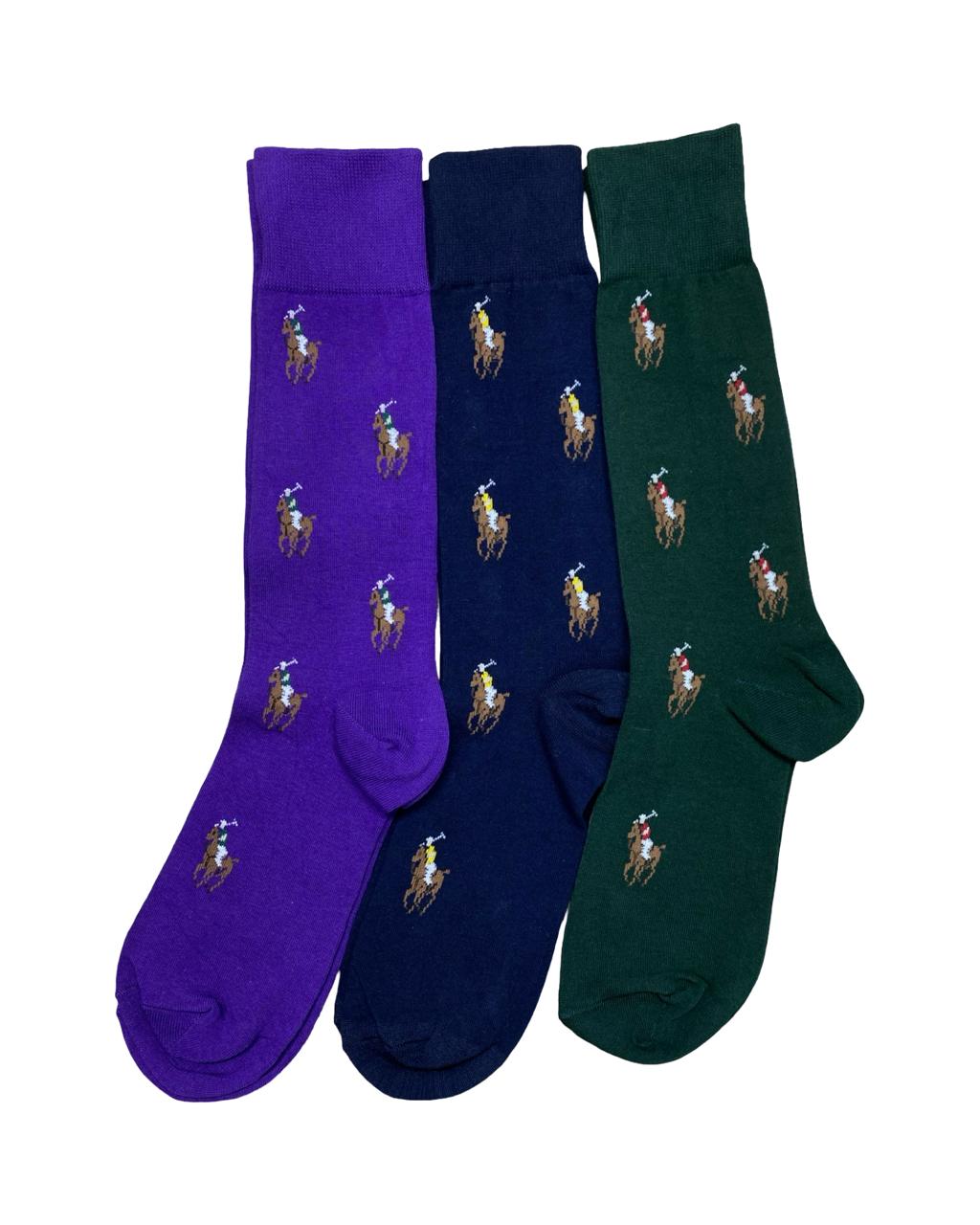 Ralph Lauren 3-Pair Polo Player Socks Set – Purple, Navy & Green | Factory Leftovers