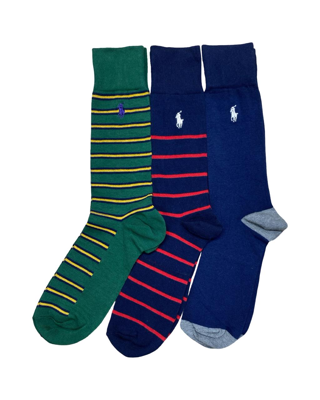 Ralph Lauren 3-Pair Stripe & Classic Logo Socks Set – Green & Navy | Factory Leftovers