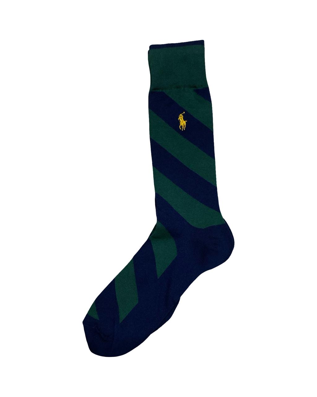 Ralph Lauren Diagonal Stripe Socks – Navy & Green with Yellow Polo Logo | Factory Leftovers