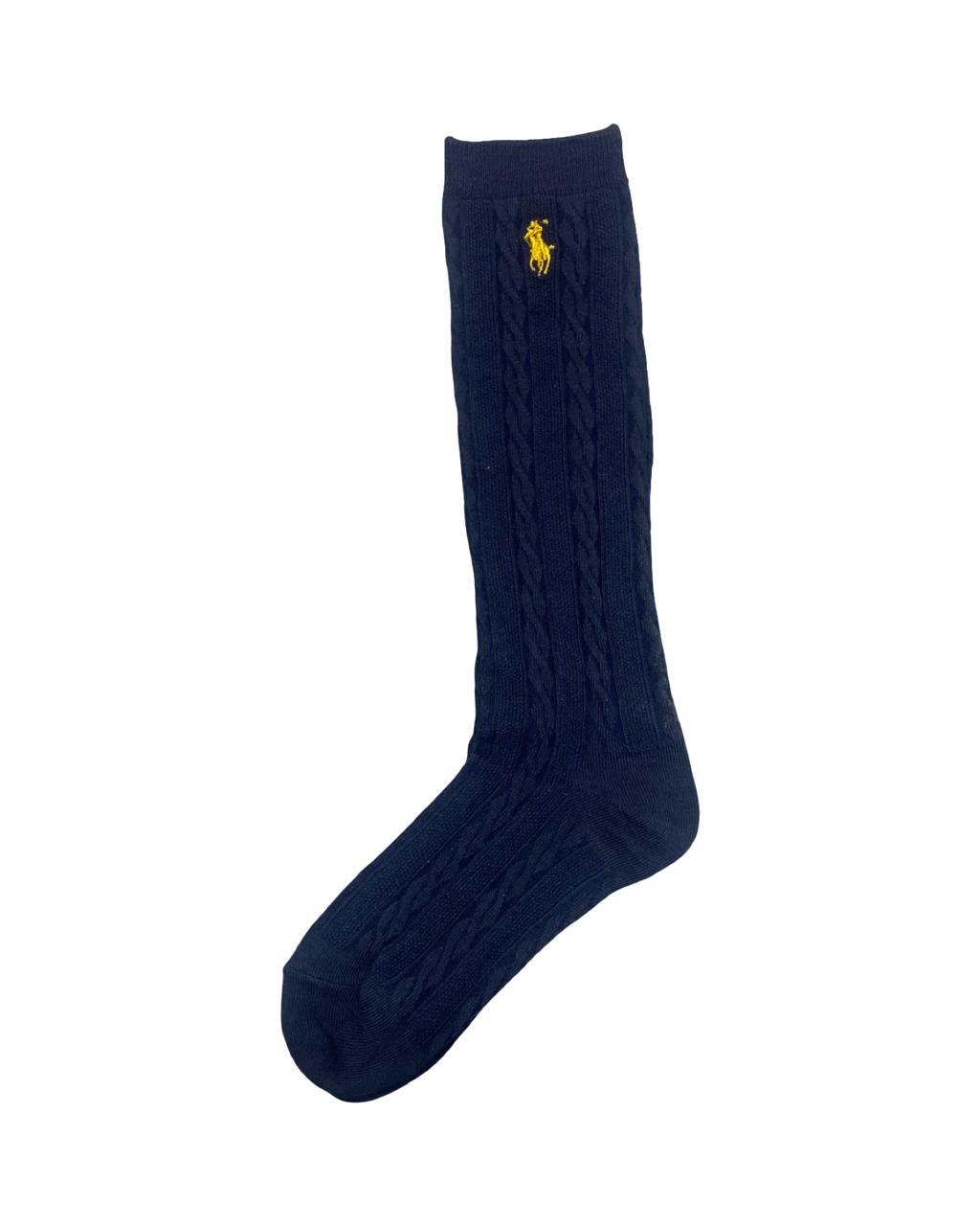 Ralph Lauren Navy Cable-Knit Socks with Yellow Polo Logo | Factory Leftovers