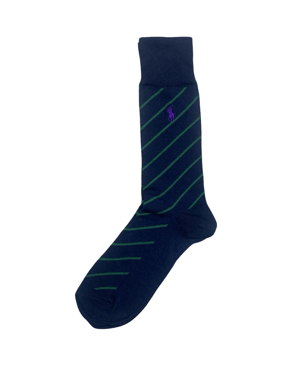 Ralph Lauren Navy Diagonal Stripe Socks with Purple Polo Logo | Factory Leftovers