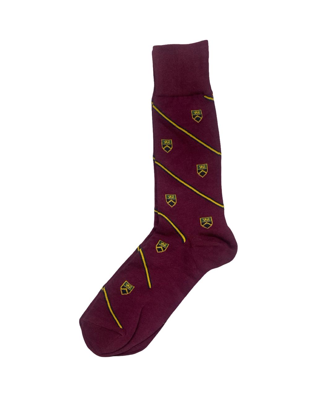 Ralph Lauren Maroon Crest Pattern Socks with Gold Diagonal Stripes | Factory Leftovers