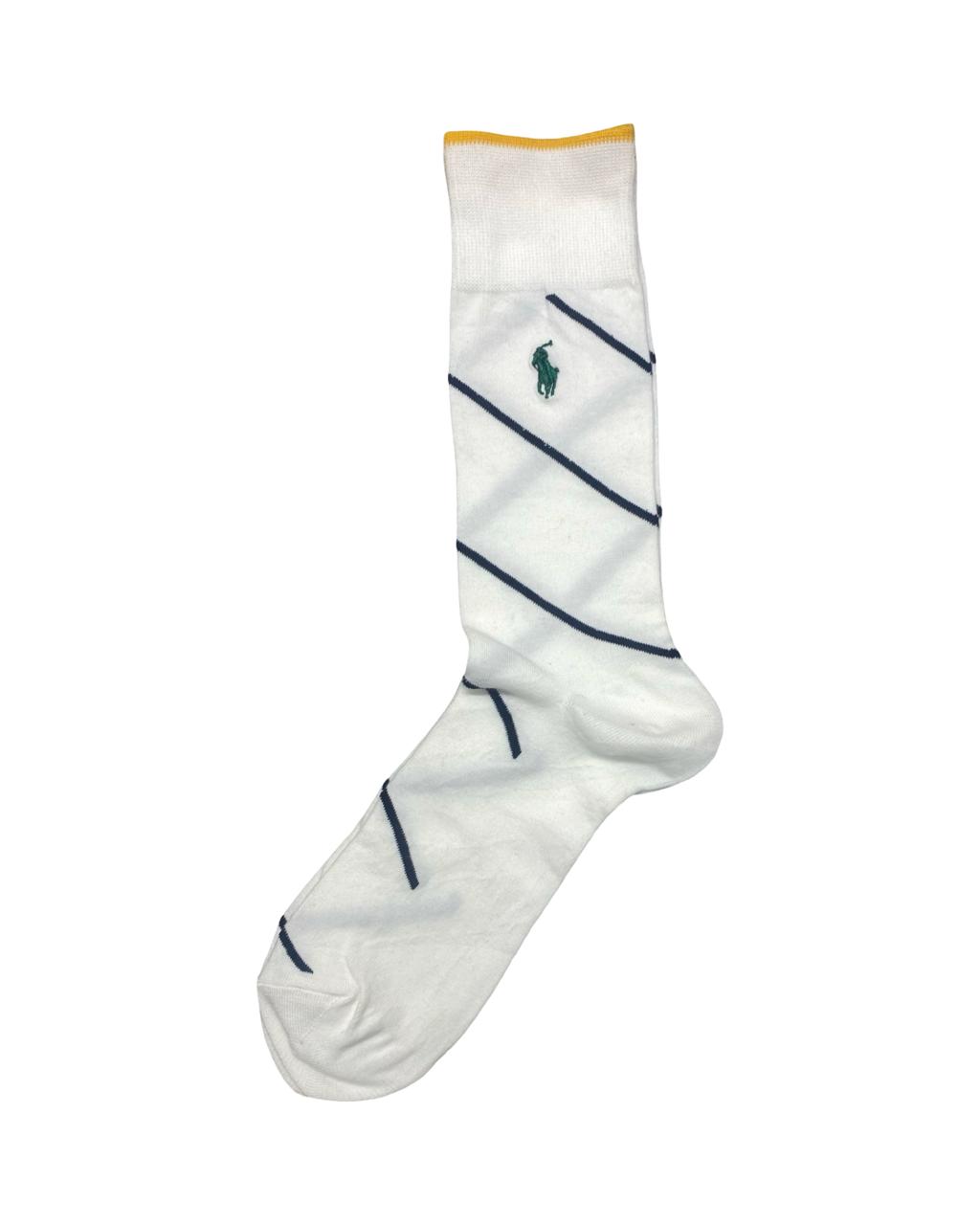 Ralph Lauren White Socks with Navy Diagonal Stripes & Yellow Trim | Factory Leftovers