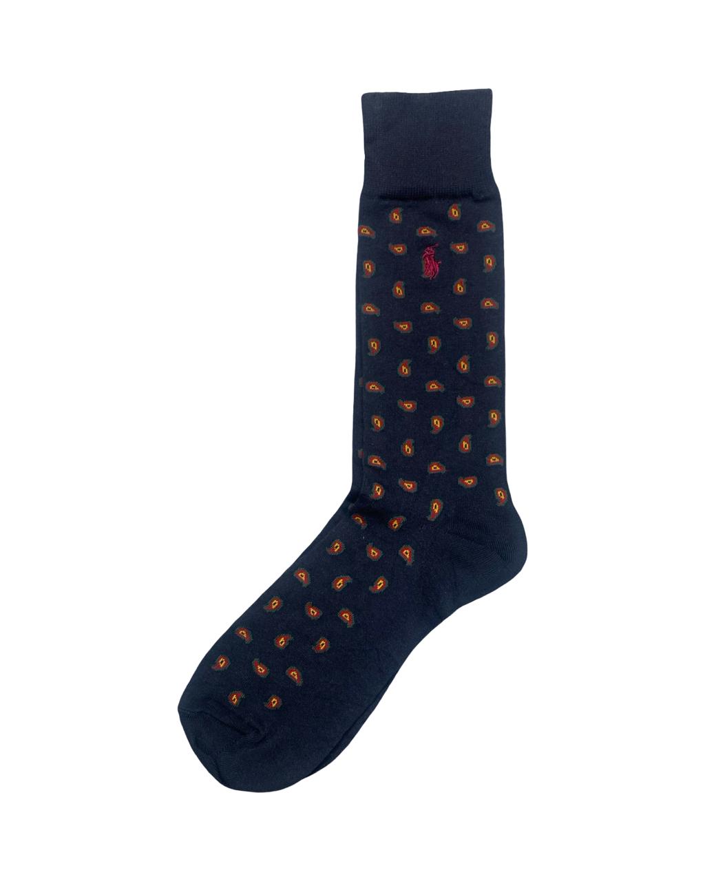 Ralph Lauren Navy Paisley Socks with Maroon Polo Logo | Factory Leftovers