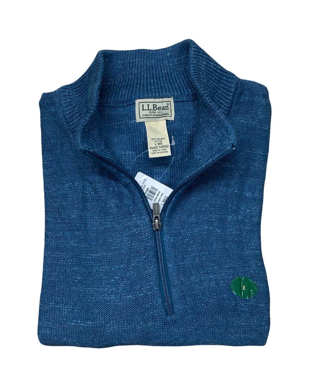 L.L. Bean Blue Organic Cotton Quarter-Zip Sweater | Large | Chest 23.5”