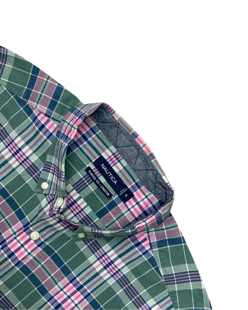 Nautica Green & Pink Plaid Button-Down Shirt | Size Large | Chest 25"