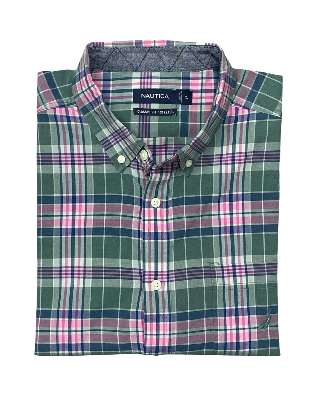 Nautica Green & Pink Plaid Button-Down Shirt | Size Large | Chest 25"