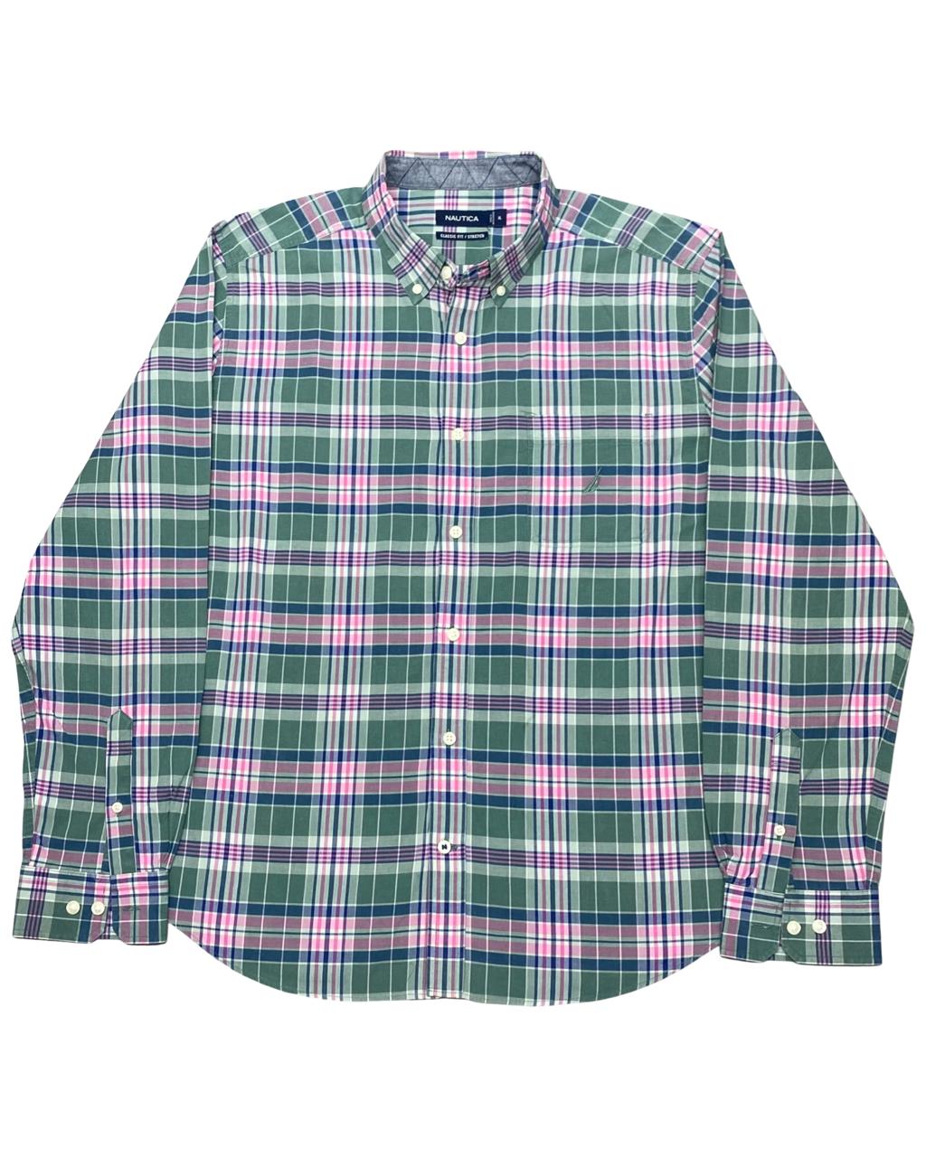 Nautica Green & Pink Plaid Button-Down Shirt | Size Large | Chest 25"