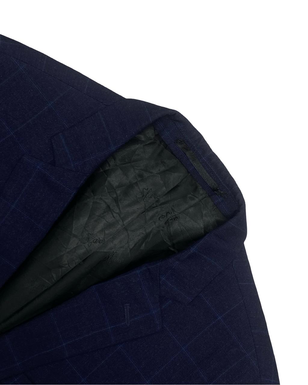 S’fare Executive Navy Checkered Blazer | Size 48 (Slim Fit) | Chest 19.5"